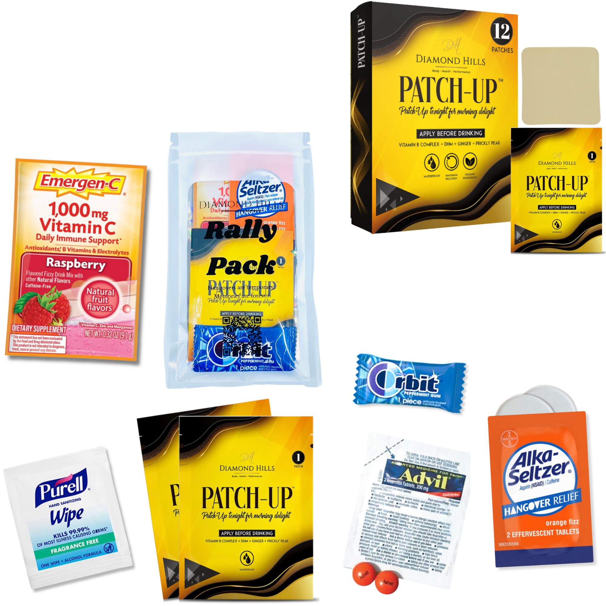 4pk Rally Pack Hangover Kits and Patch-Up 12pk Individual Recovery Patches