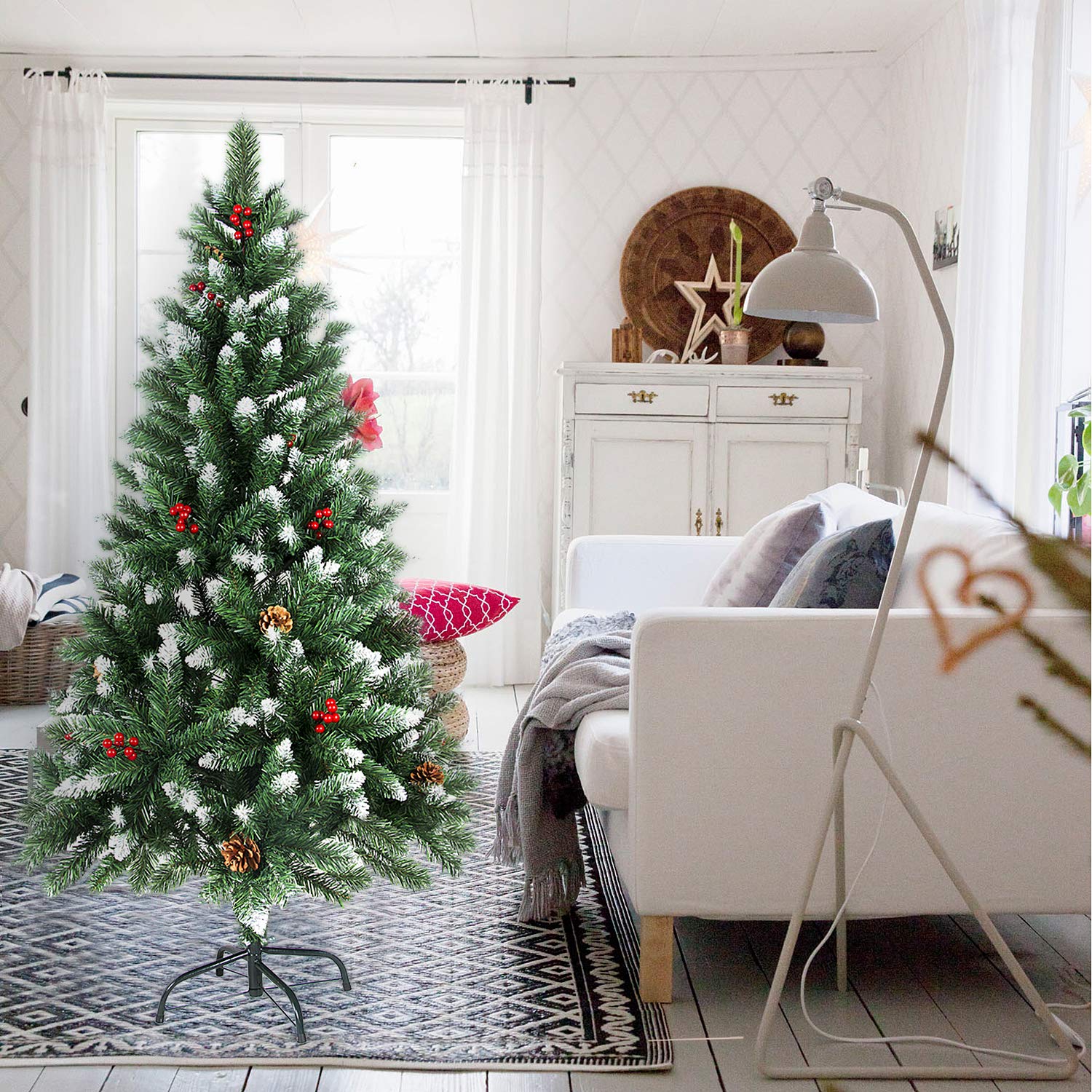 Weihnachtsbaum künstlich, 120/150/180/210 cm mit Tannenzapfen, Tannenbaum mit Schnee-Effekt und rote Beere Deko, beschneiten Spitzen und Kunsttanne mit Metallständer (180cm)