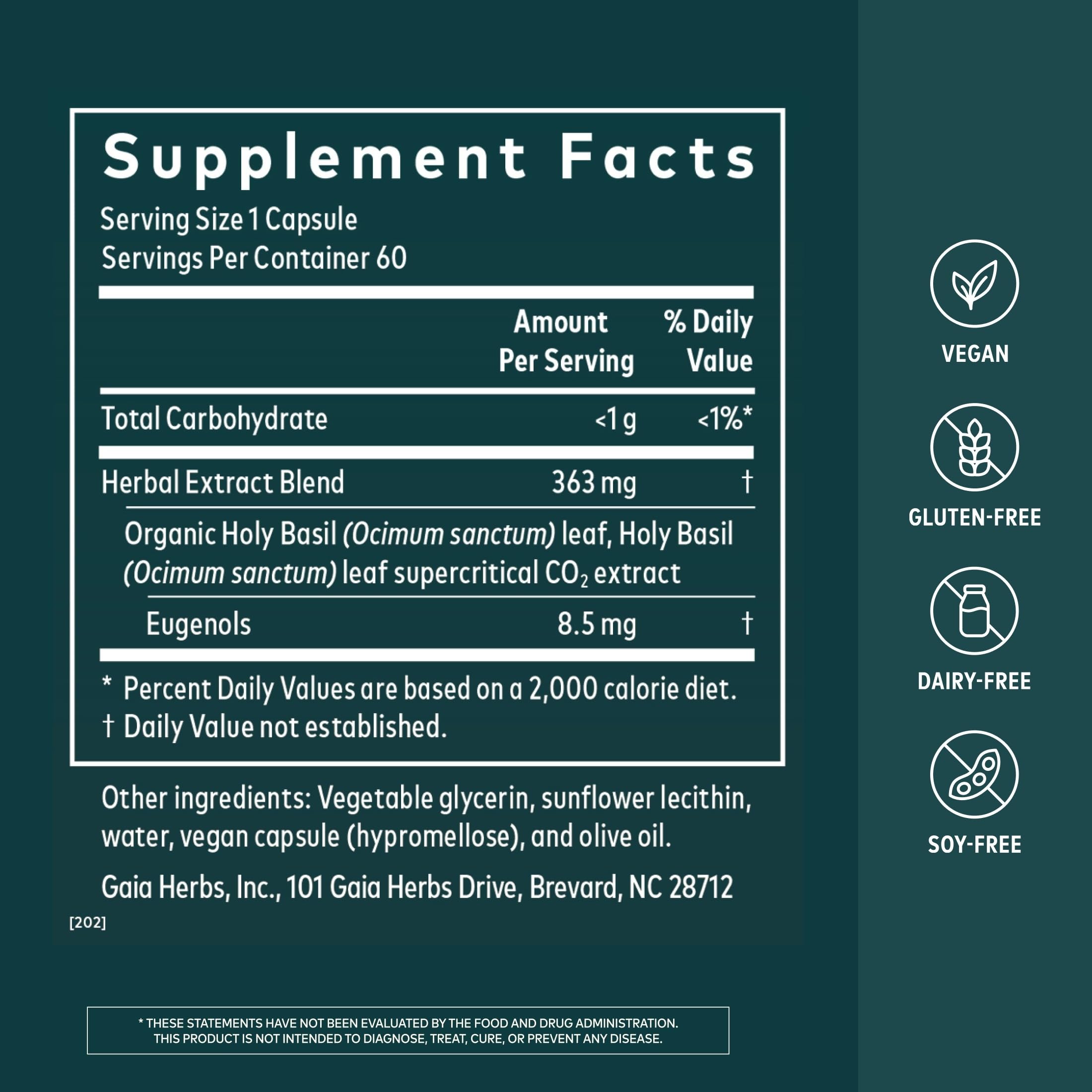 Gaia Herbs Holy Basil Leaf, 60 Vegan Capsules, 30 Servings — Amazon image 2