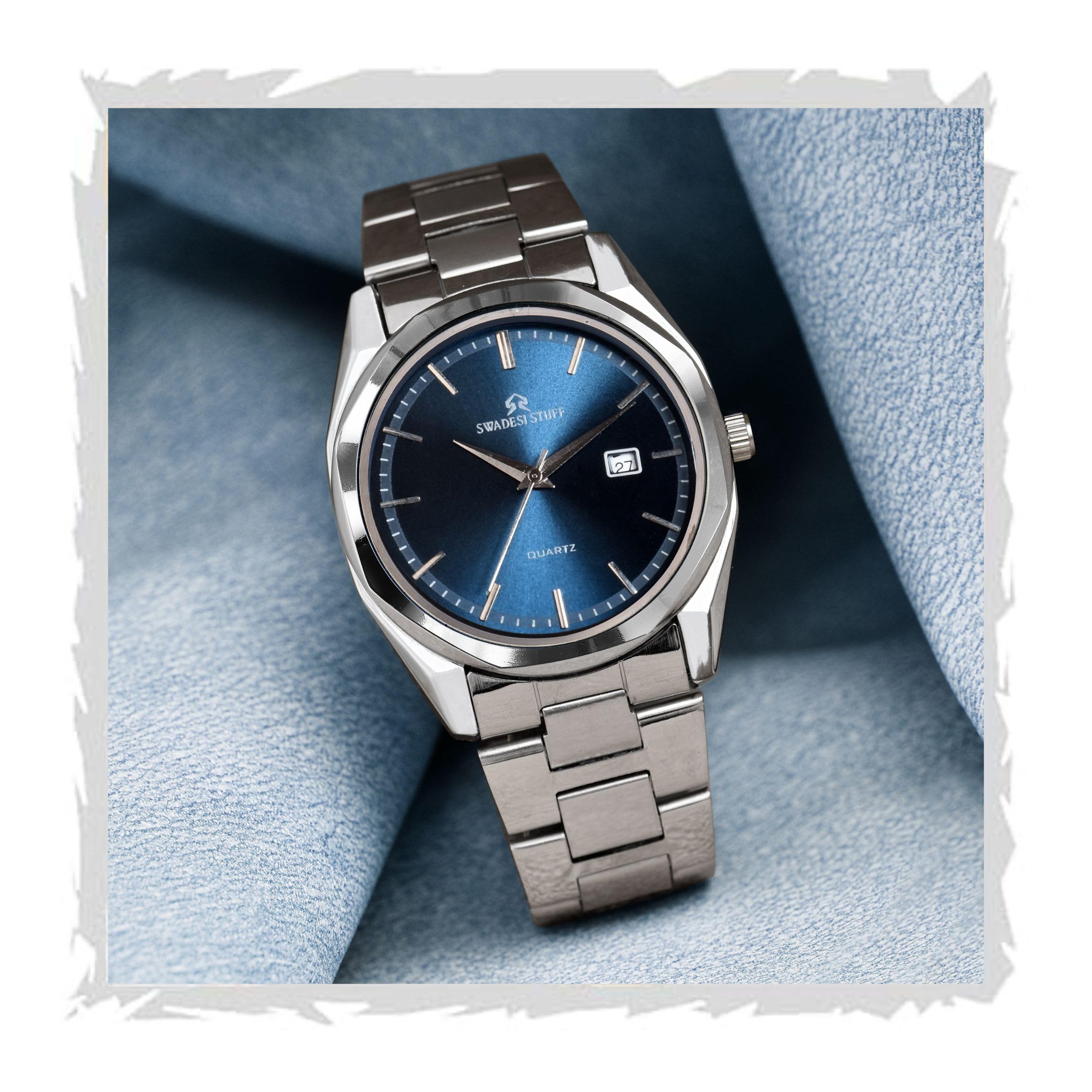 Men's Stylish Black Color Date Display 42mm Hexagon Dial Stainless Steel Silver Strap Analog Watch-image-48
