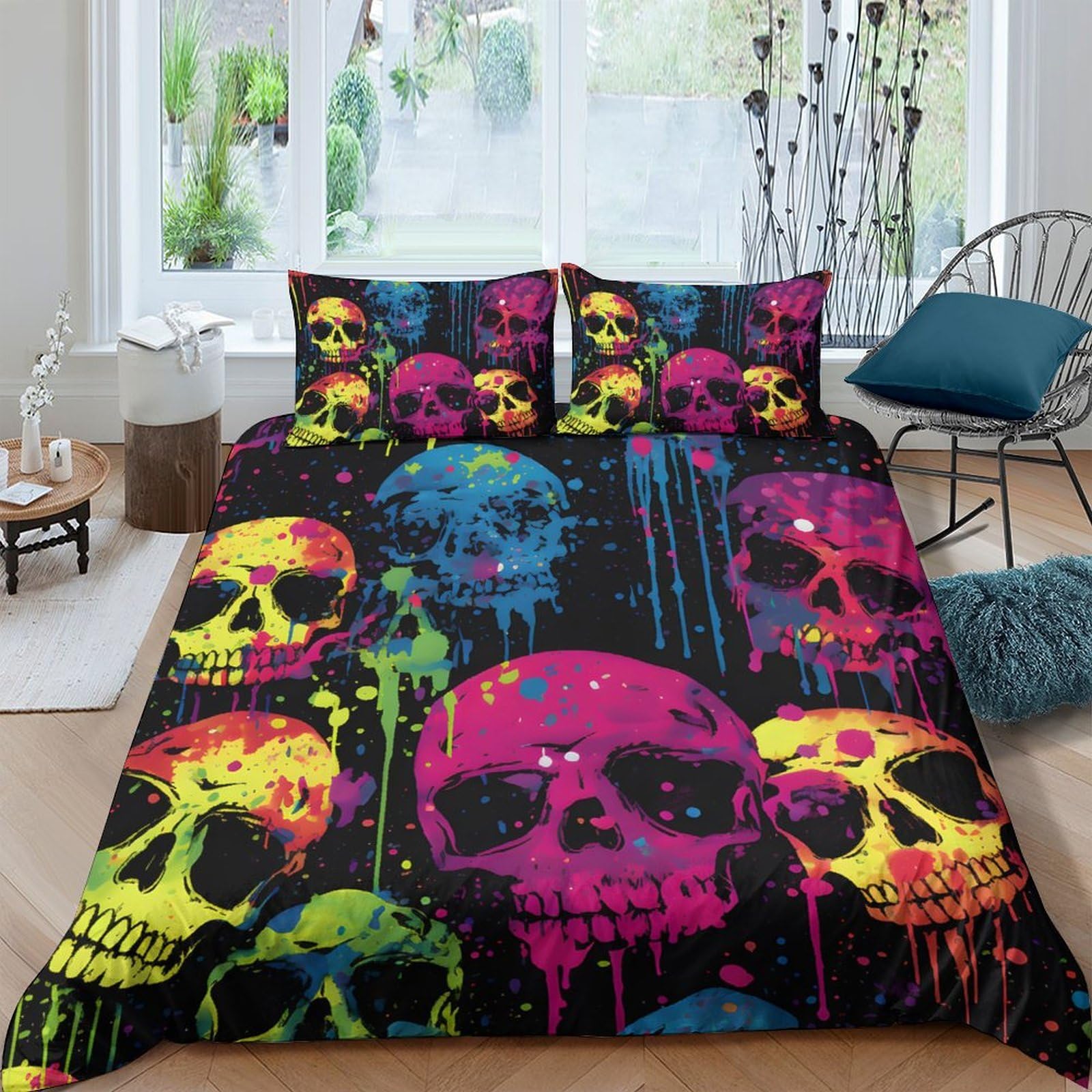 Ctjqhvkz Style-2 3D Printed Neon Skull Fitted Sheet Microfiber Colourful Artistic Bed Sheet For Bedroom Dorm Mattress Protection Decor Single（135X200cm）