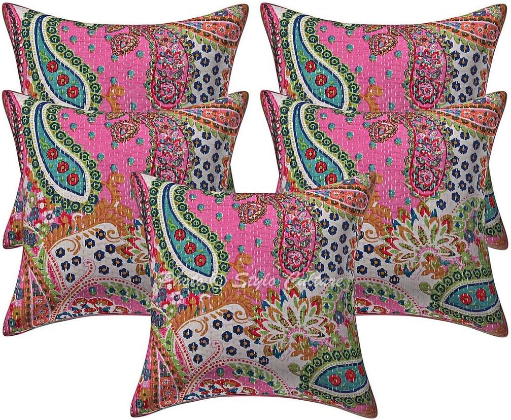 Bohemian Decorative Sofa Settee Accent Throw Pillow Covers 40x40 cm Cotton Bed Room Light Pink Paisley Printed Kantha Square Luxury Envelope Indian 16x16 Inch Cushion Covers - 5 Pcs
