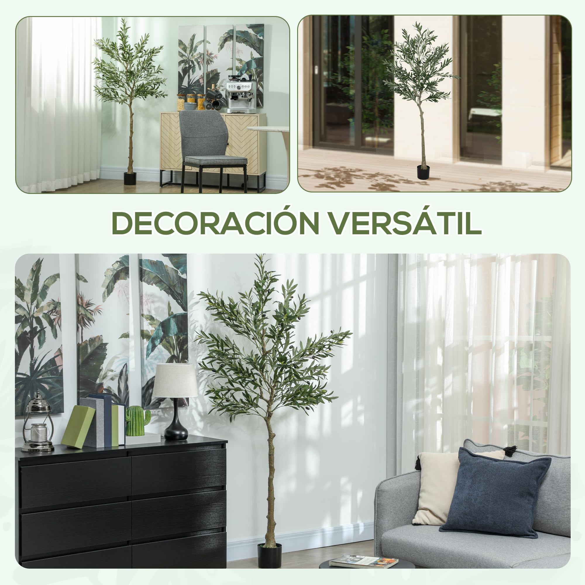 HOMCOM Olivo Artificial 180 cm Planta Artificial Grande 40 Aceitunas Verde | Decorativa de Interior, para Decoración de Hogar, Oficina, Dormitorio y Balcón
