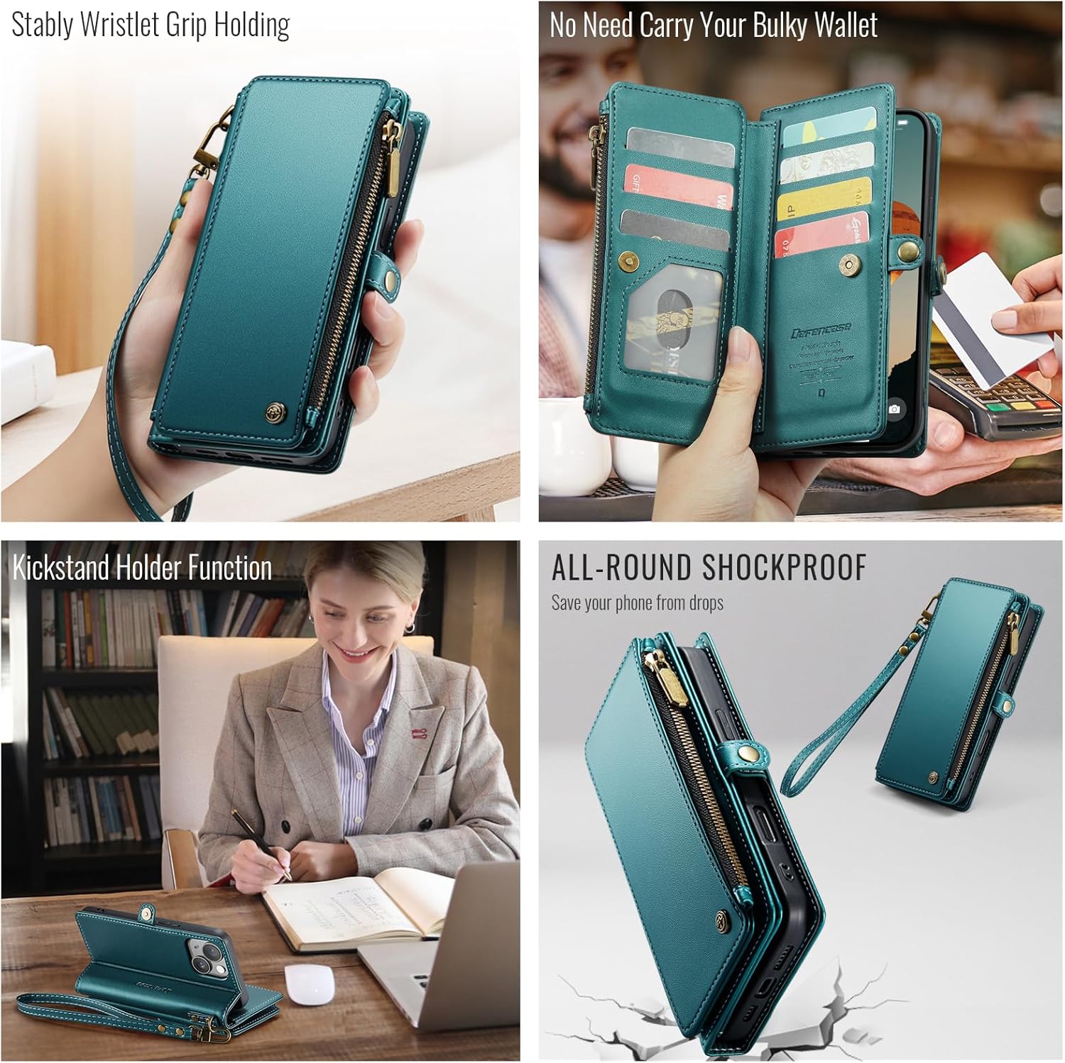 Defencase Compatible with iPhone 14 Plus Case Wallet with RFID Blocking Card Holder for Women Men, PU Leather Magnetic Snap Flip Zipper Strap Wallet Phone Case Fit for iPhone 14 Plus 6.6", Blue Green - Image 4