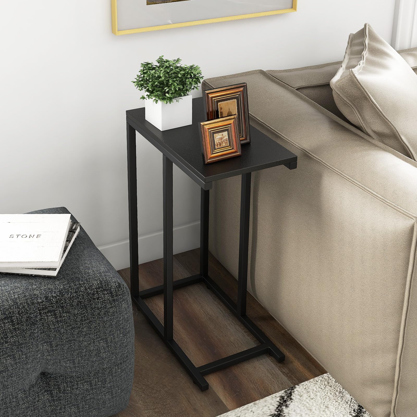 COSTWAY Tavolino a Forma di C per Divano e Letto, Tavolino Basso con Struttura in Metallo, Tavolino da Salotto e Camera da Letto, 45,5 x 25,5 x 64 cm (Nero)