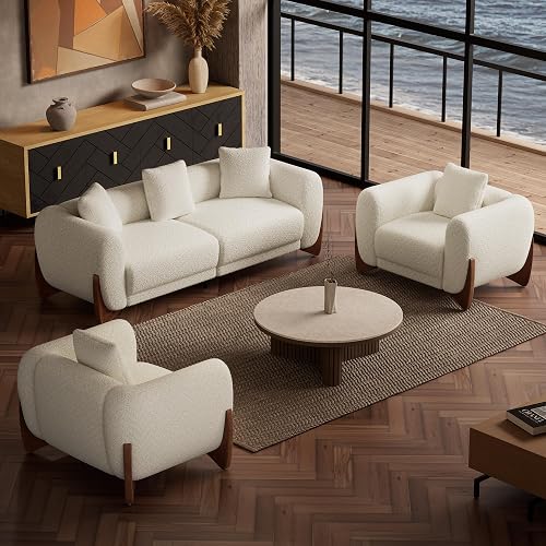 Morden Fort 3 Piece Boucle Sofa Set, Modern Upholstered Couches Sofas Set Durable Comfy Boucle Pet-Friendly, 2 Armchairs & 3-Seater Sofa Sets for Living Room Bedroom Apartment,White