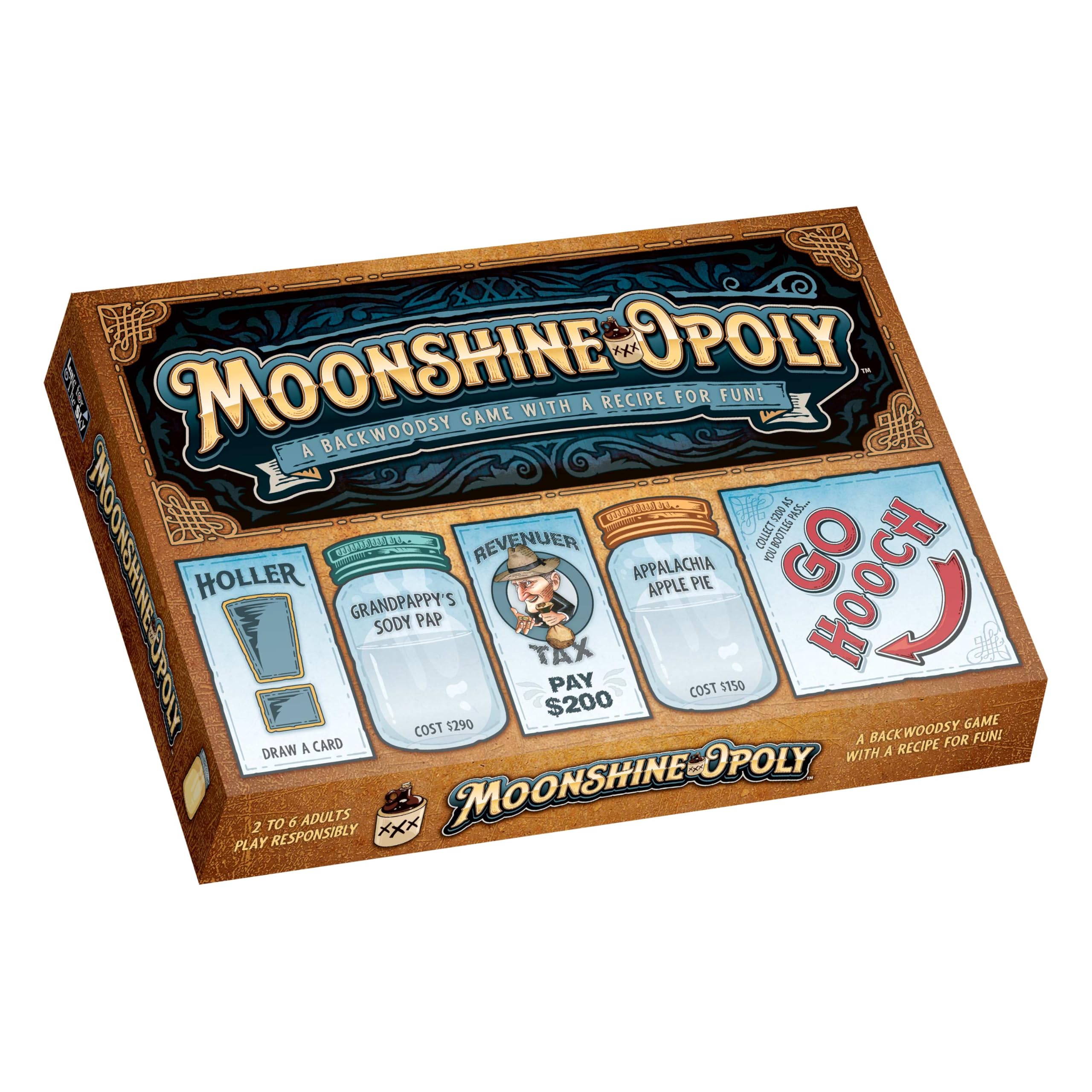 Late for The Sky Moonshine-OPOLY Board Game for Adults, Party Property Trading Game, 2-6 Players, Opoly Drinking Theme, Fast 1-Hour or Classic Play, Humor Gift