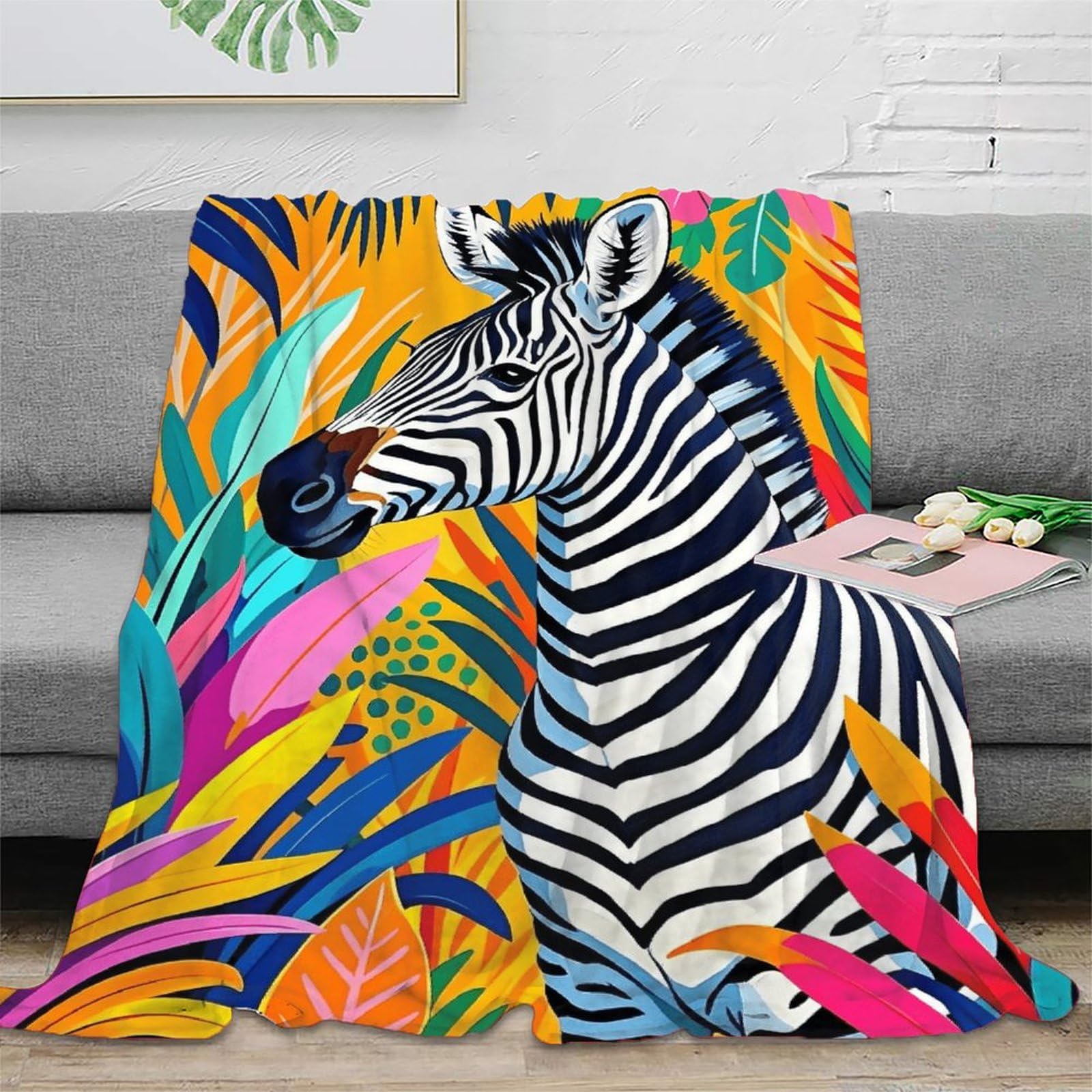 EMYXPAQM Fleece Blanket Zebra Colorful Plants Print for Sofa Couch Bed Decor - Soft Cuddly Cozy Warm Blanket, Great Gift for Kids/Teens/Adults 60x80inch(150x200cm)
