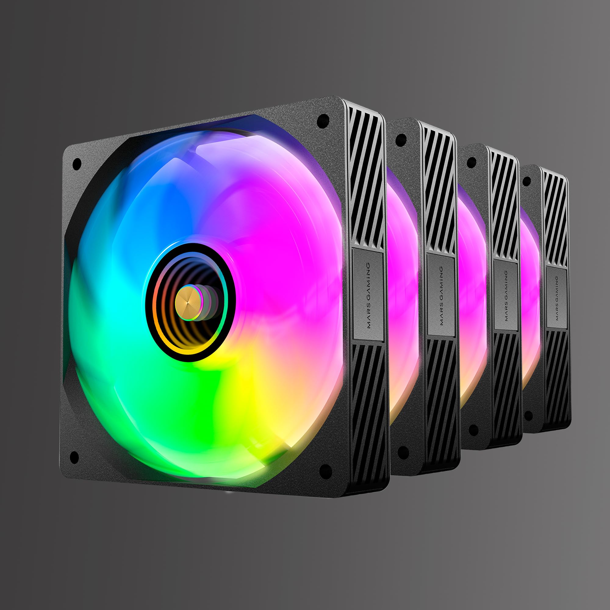 Mars Gaming MF-SI4KIT, Kit de 4 Ventilateurs Ultra-Silencieux 120mm, Éclairage ARGB Miroir Infini, Roulements FDB et Noyau en Cuivre, Télécommande et HUB, Compatibilité Totale ARGB, Noir