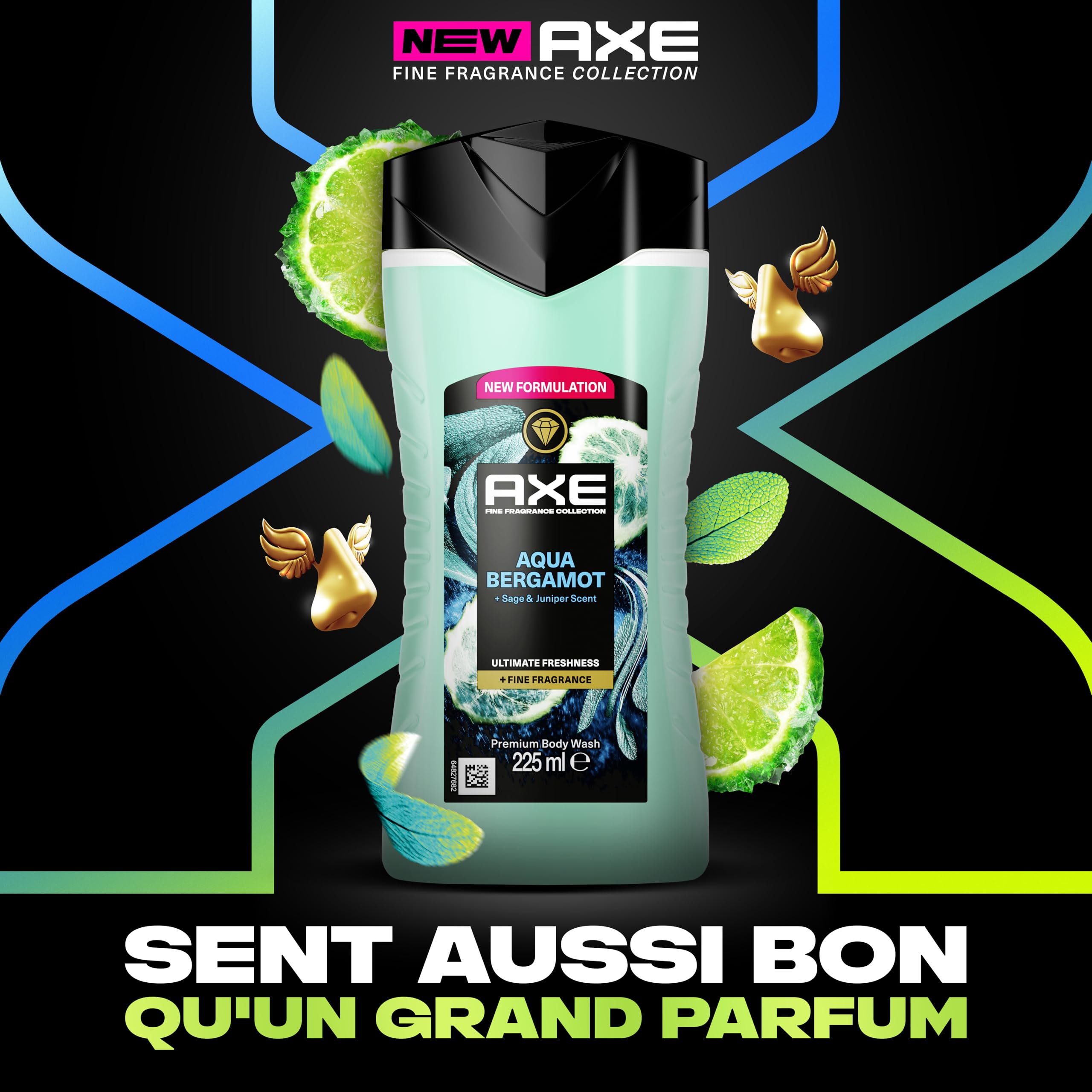 AXE - Gel Douche - Collection Prestige - Aqua Bergamot - 12h de fraîcheur - Parfum infusé aux huiles essentielles de bergamote et sauge - Agents hydratants 100% d’origine végétale - lot 12x225ml