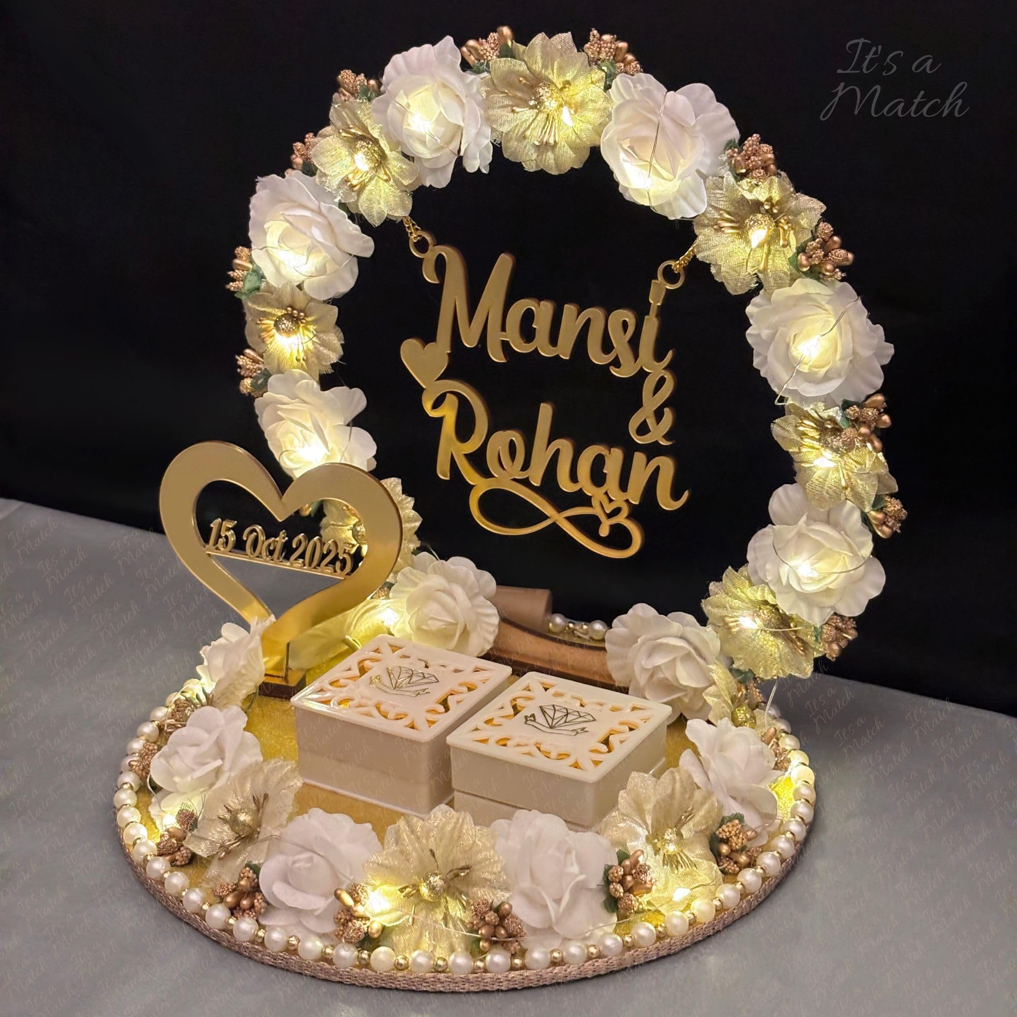 It's a Match Engagement Ring Tray, Plate, Platter, Hand Crafted Decorative Plate for Ring Ceremony (White Golden)-image-41