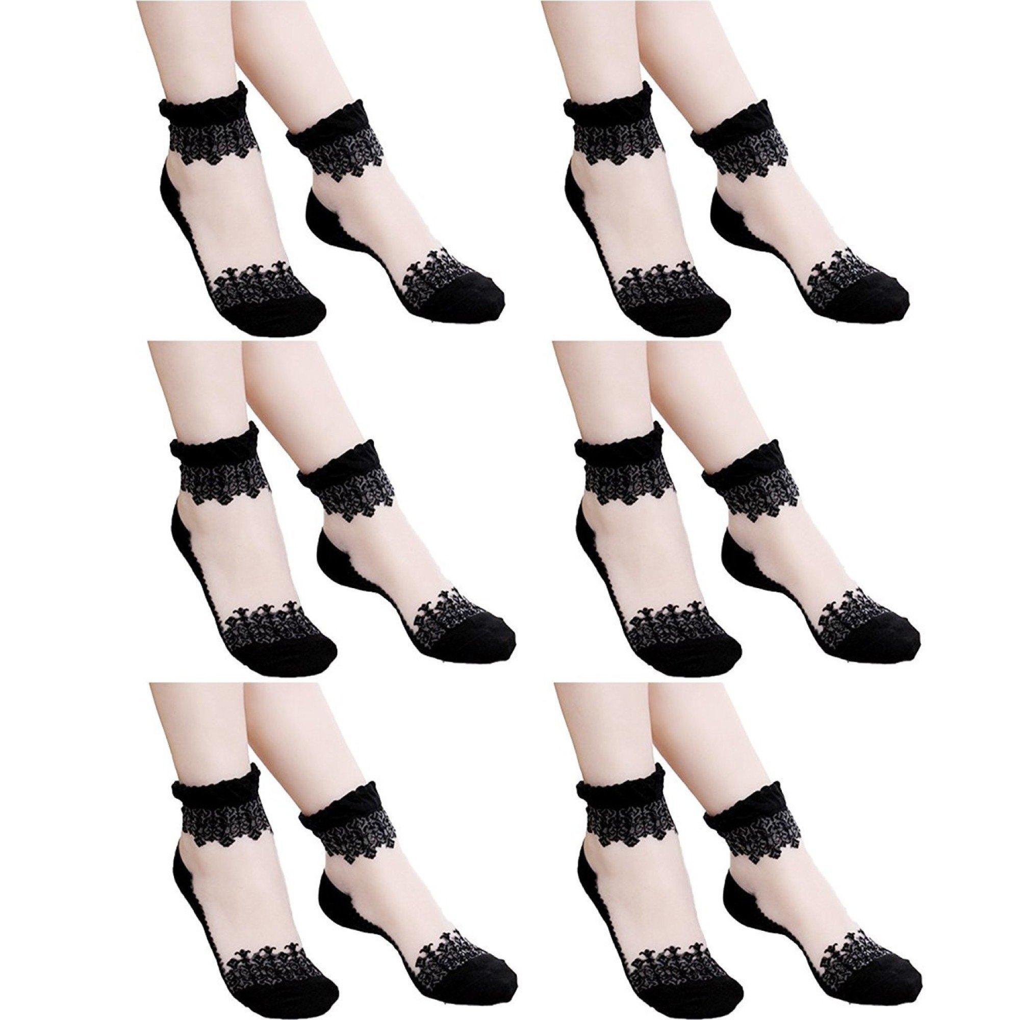 Pack of 6 Black Ultra-Thin Transparent Crystal Lace Socks for women/Girl's (Ankle Length)-image-10