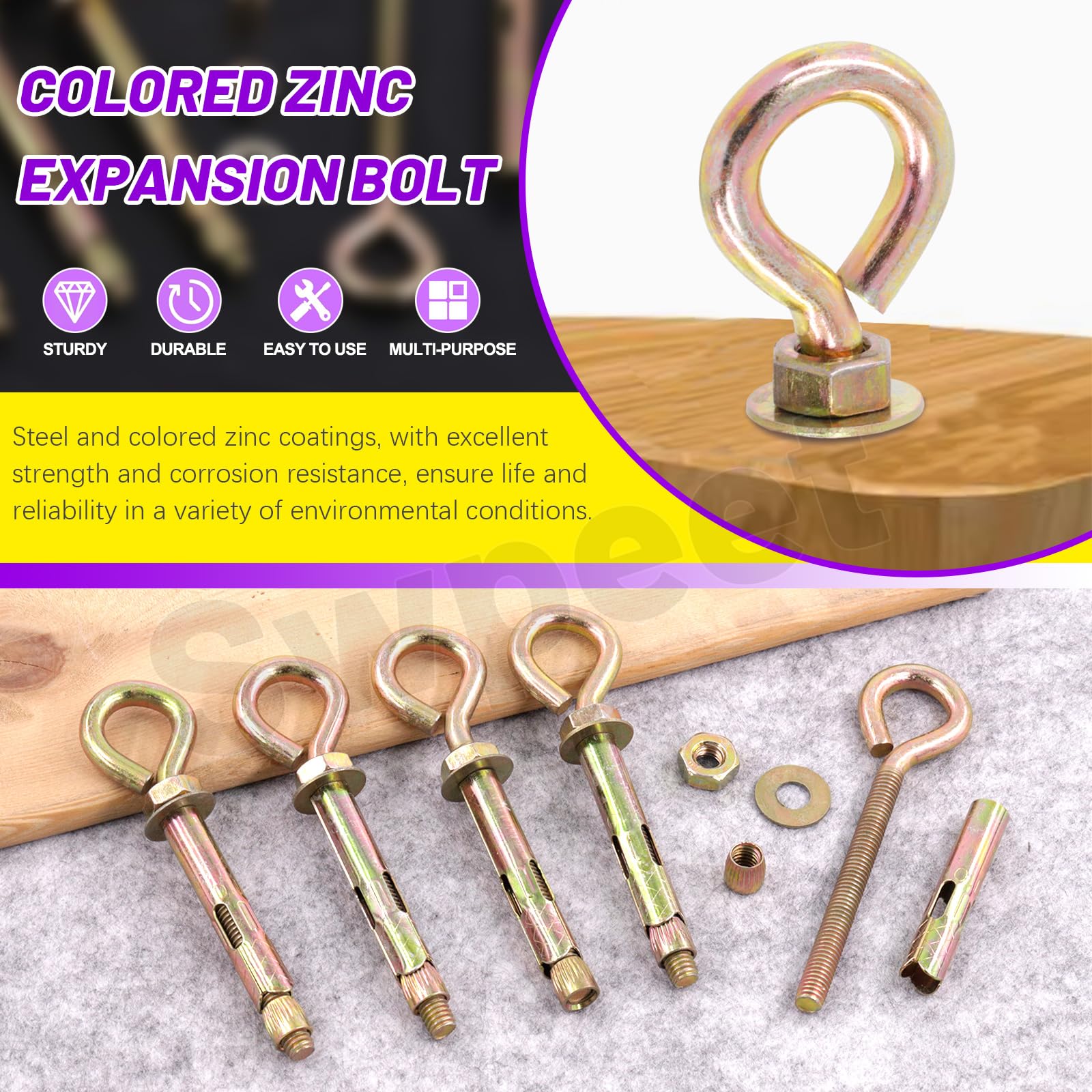 Swpeet 8Pcs M8 Thread Wall Concrete Brick Expansion Screws Closed Anchor Hook, Expansion Eyebolt Screws Bolts - Image 3