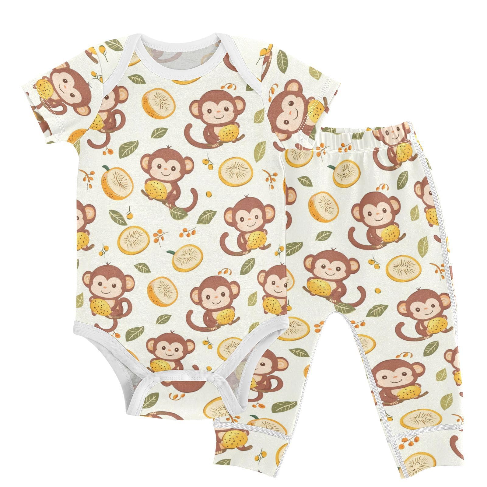 vvfelixl Cute Golden Monkey Eat Fruit Baby Bodysuits Set,Baby Layette Sets Unisex Short Sleeve Babys Pants Sets 6-9M