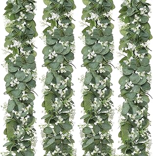 KHOYIME Eucalyptus Garland with White Flowers, 4 Packs 5.9Ft Artificial ...