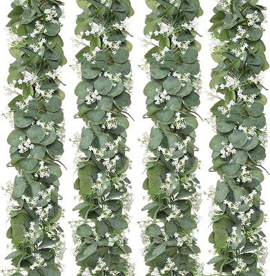 Eucalyptus Garland with White Flowers 4 Packs 5.9Ft Artificial Plants Vines | KHOYIME Faux Silver…