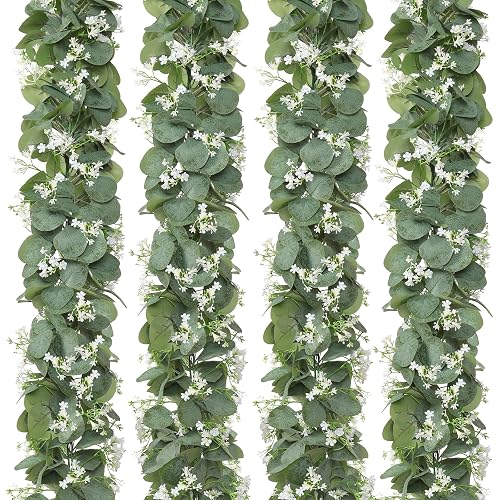 Eucalyptus Garland with White Flowers 4 Packs 5.9Ft Artificial Plants