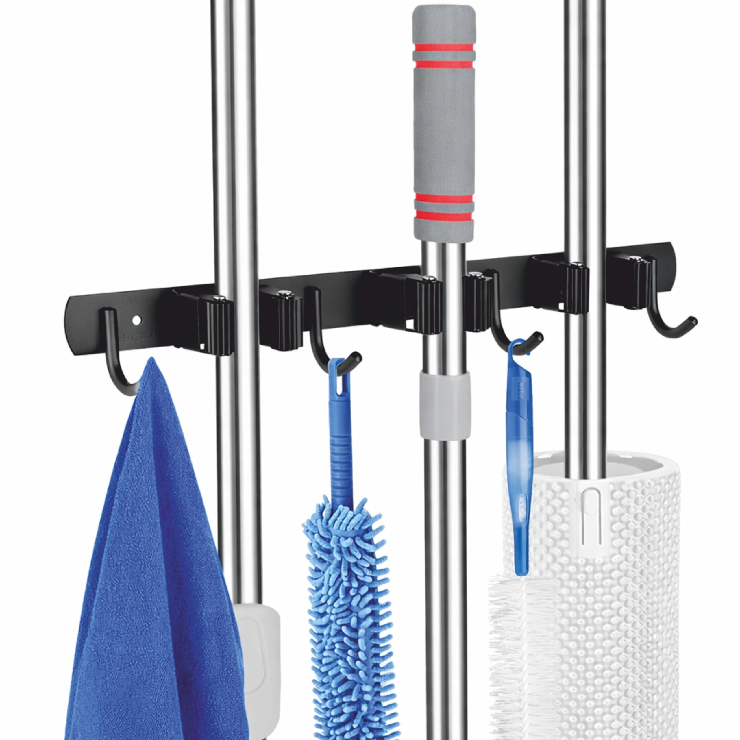 jialto broom holder and mop organizer | mop holder for wall without drilling with 3 slots and 4 hooks for kitchen, garage, garden, and utility | space saving cleaning tool organizer (black)