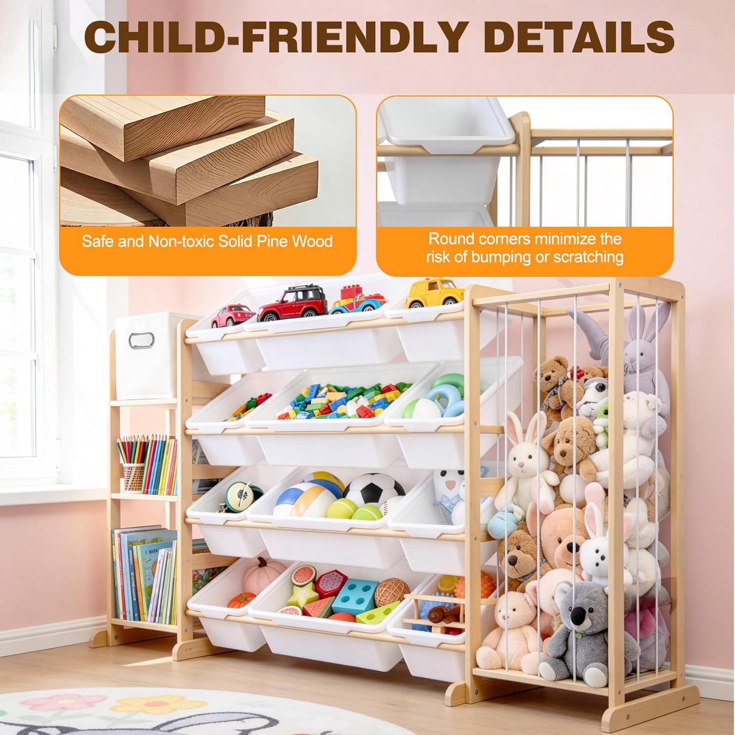 Kids Toy Storage Organizer with Bookshelf & Stuffed Animal Storage,12 Toy Bins +1 Free Storage Box,Playroom Nursery Organization Plush Toy Storage