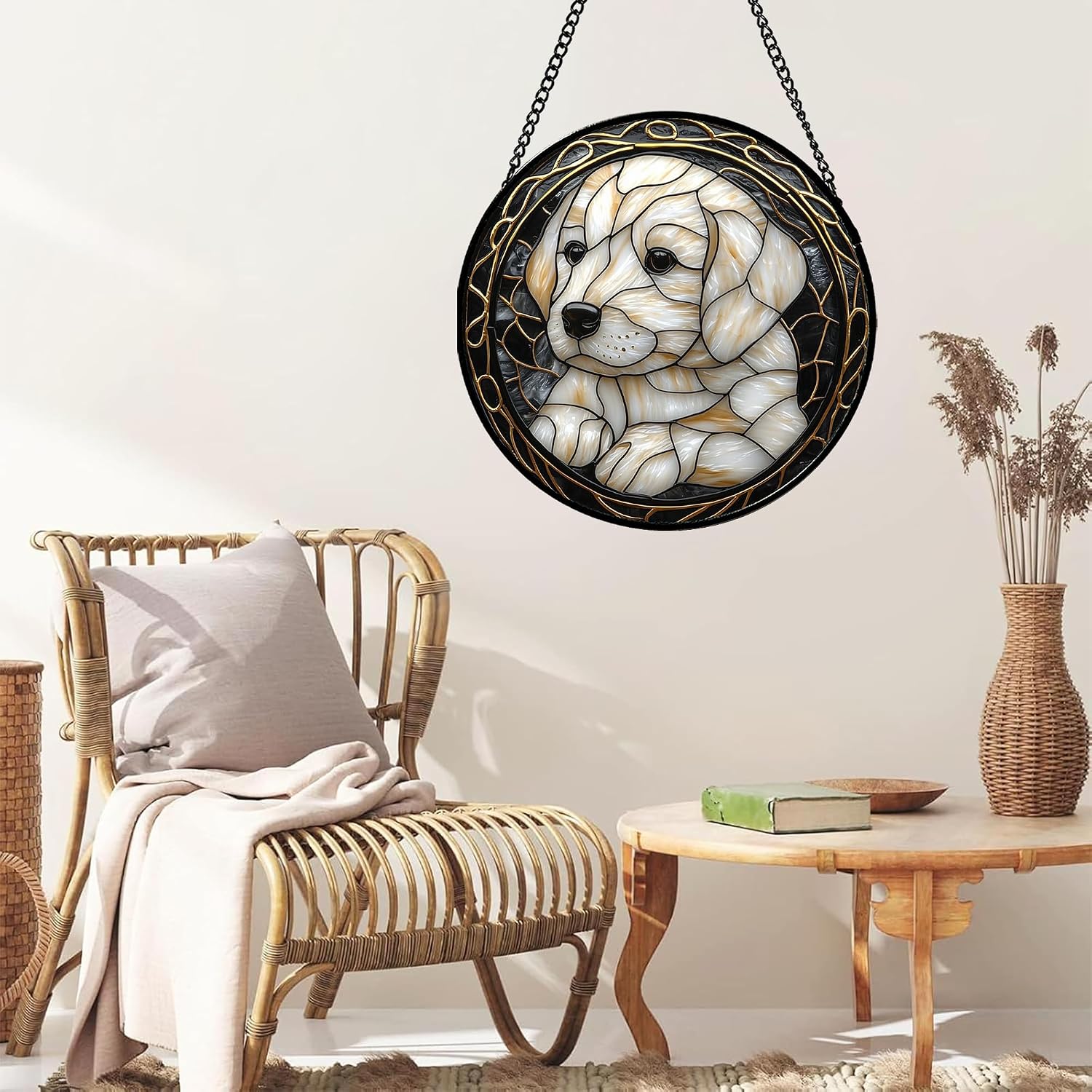 DASTOLL Stained Glass Window Hanging, Black and White Gold Dog Suncatcher for Doors Window Home Lost Pet Comfort Gift Sun Catchers Decor Mother's Day Birthday Gifts for Women, Men Mom 15 in