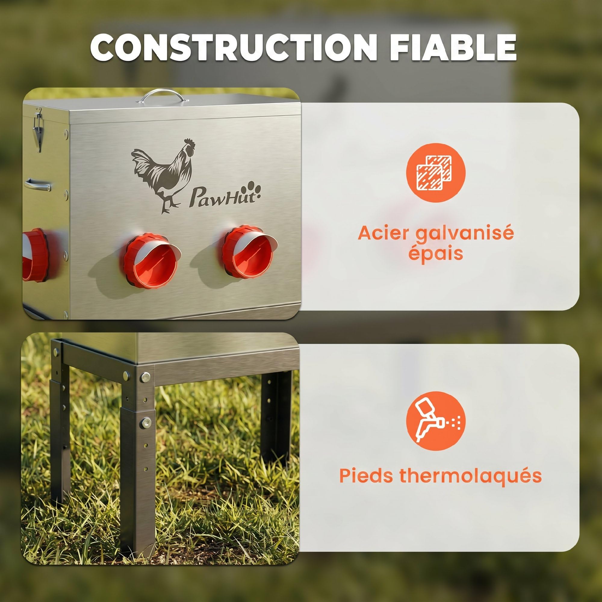 PawHut Mangeoire Automatique à Poulet 27 L en Acier Galvanisé, 6 Ports, Couvercle Verrouillable, Hauteur Reglable, Anti-Gaspillage, Grande Mangeoire pour Poules Canards, Argent