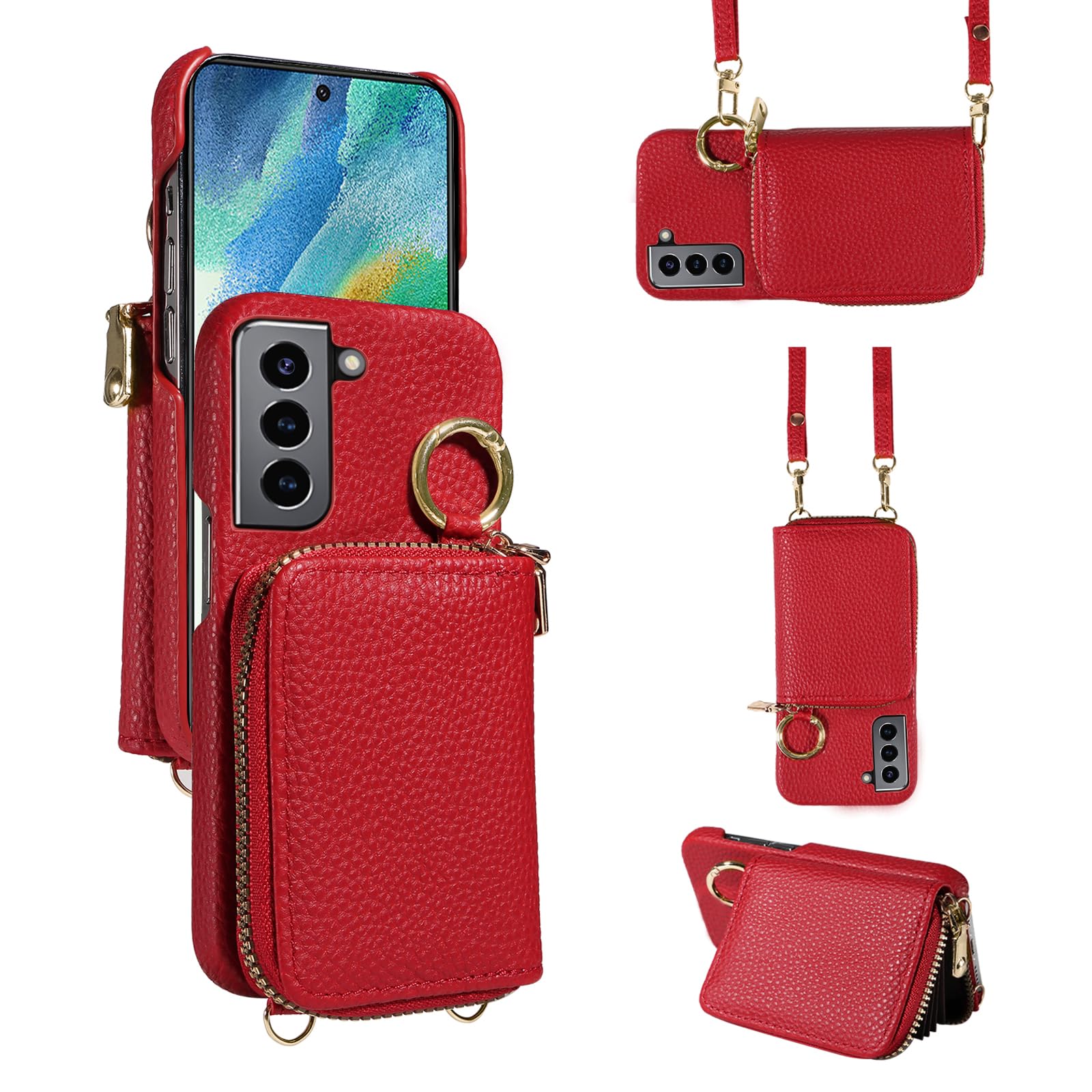 Furiet Wallet Case for Samsung Galaxy S21 FE 5G with Shoulder Strap Ring Buckle, PU Leather Zipper Flip Organ Purse, Card Holder Stand Phone Cover for