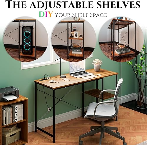 Miniatura 4 de Maxtown Escritorio con estantes, escritorio pequeño para computadora con estación de carga, mesa de estudio, escritorio de escritura, escritorio de