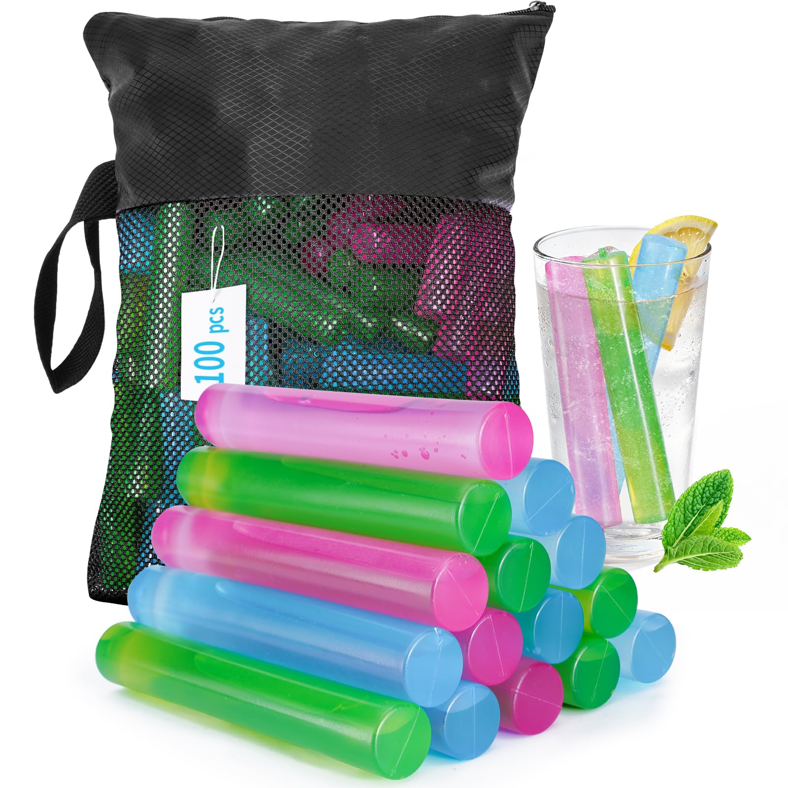 VOGVOG Reusable Ice Cubes for Coolers, Zero Refreezable Ice Sticks Set with Storage Bag, Non-Melting BPA-Free Plastic Ice Cubes for Drinks, Camping, Beach (Multicolor, Ice Stick-100 Pack)