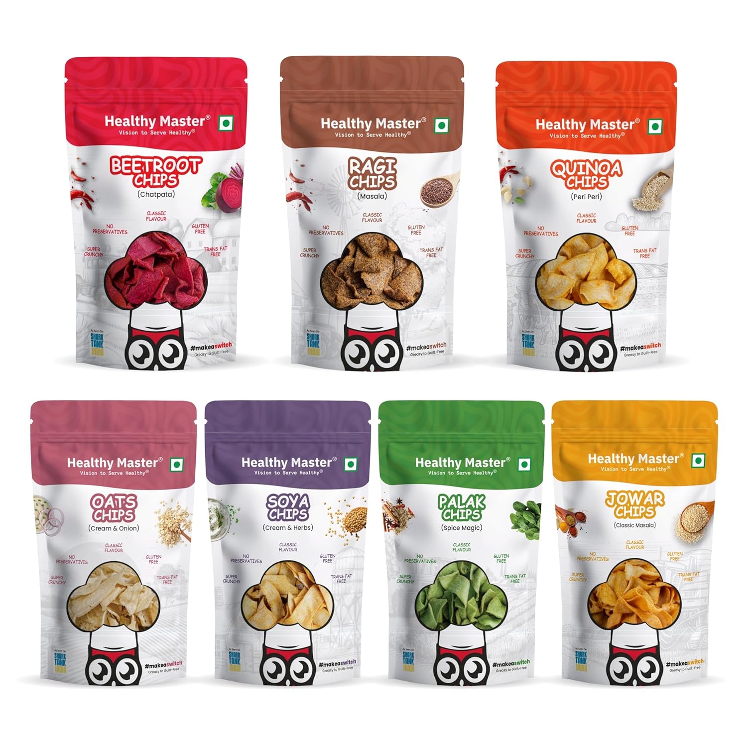 Healthy Master Chips Combo 700g – Pack of 7 (100g each) (Ragi,Quinoa,Oats,Palak,Beetroot,Jowar,Soya) | Light & Crispy Chips, High protein | Natural ingredients, Vegan, Gluten Free, No Palm Oil, No Artificial Preservatives, Trans Fat Free, Low Calorie Healthy Master Chips Combo 700g – Pack of 7 (100g each) (Ragi,Quinoa,Oats,Palak,Beetroot,Jowar,Soya) | Light & Crispy Chips, High protein | Natural ingredients, Vegan, Gluten Free, No Palm Oil, No Artificial Preservatives, Trans Fat Free, Low Calorie