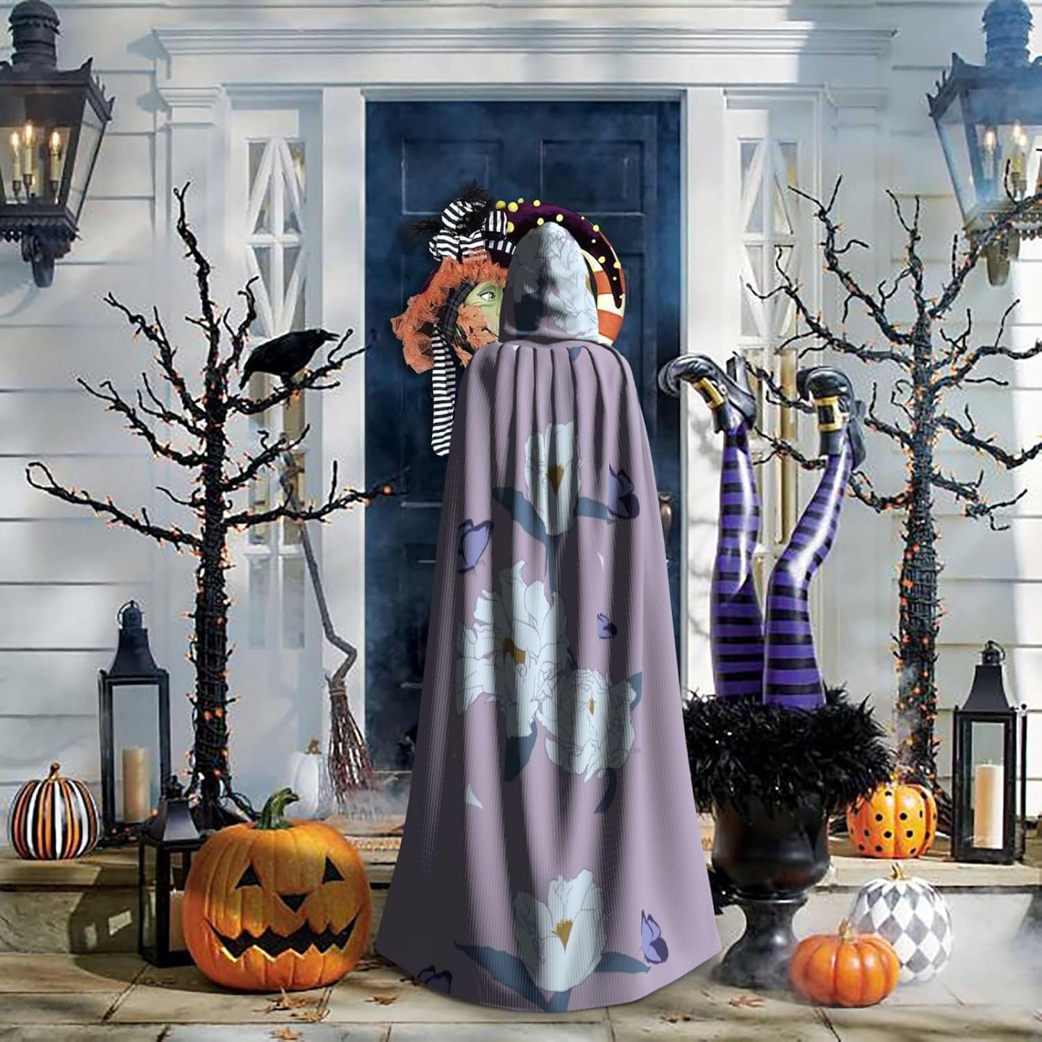 White Peony Men Women Halloween Role Play Party Decoration Hooded Poncho