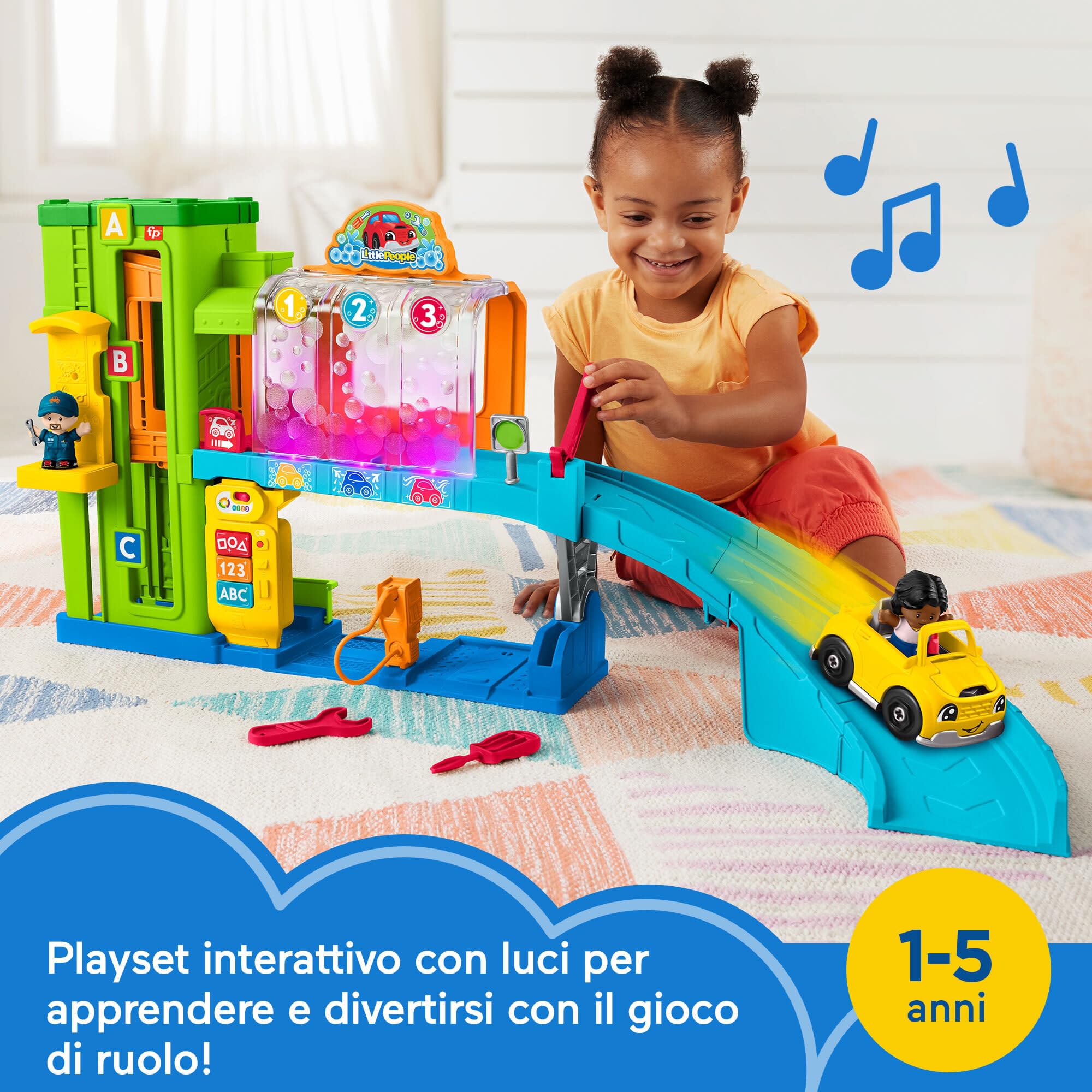 Fisher-Price Little People - Autolavaggio, playset interattivo con rampa per le auto, luci e musica, contenuti Smart Stages, versione multilingua, giocattolo per bambini, 1-5 anni, HRB34