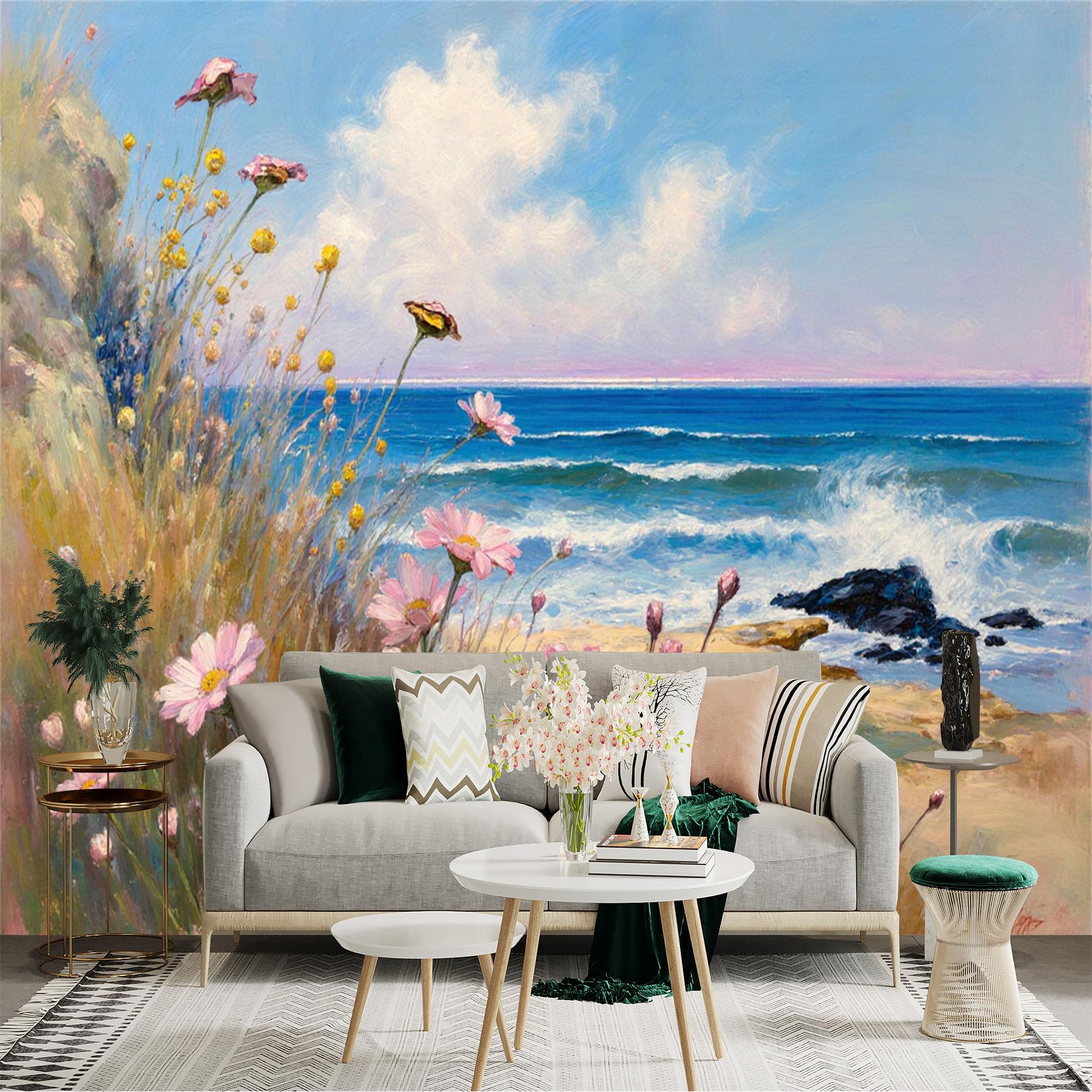 Lnzczhyre Xc260505083 Custom Size Wall Sticker Mural， Coastal Scenery With Pink Wildflowers， Beautiful Ocean Waves And Sandy Beach， Impressionist Landscape Art， For Wall Decoration， Peelandstick Wall Decals.