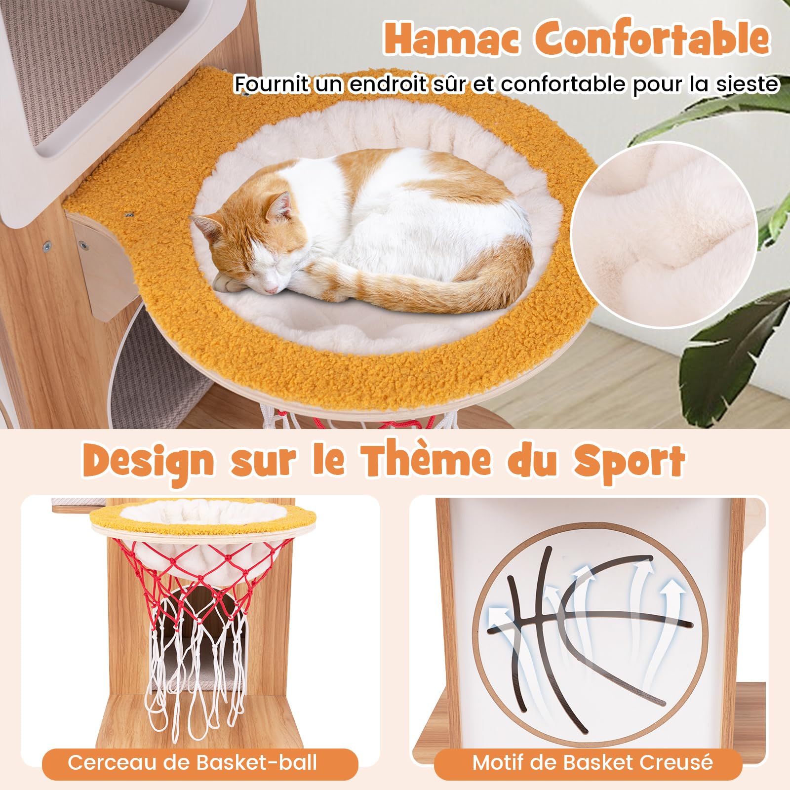 COSTWAY Arbre à Chat en Bois 120 cm - Design Sportif avec 4 Griffoir en Jute, 2 Condos, 2 Plateformes, Panier, Coussins Amovibles et Fourrure de Faux Lapin