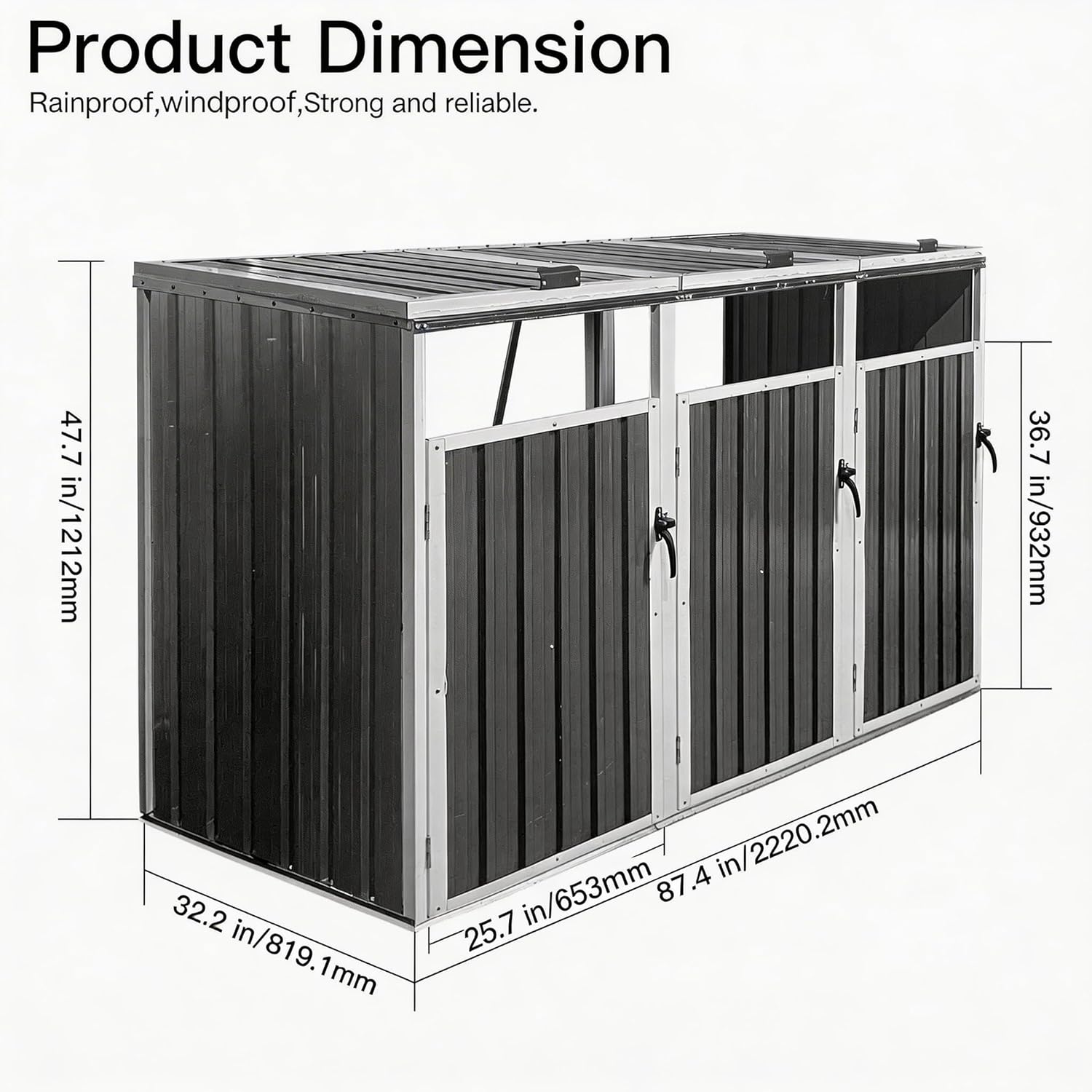 Outdoor Trash Can Storage, Durable Garbage Bin Shed Stores 3 Trash Cans, Metal Outdoor Bin Shed for Garbage Storage, Backyard, and Patio Use, Lockable, Grey 2 (Inner Width: 25.7")