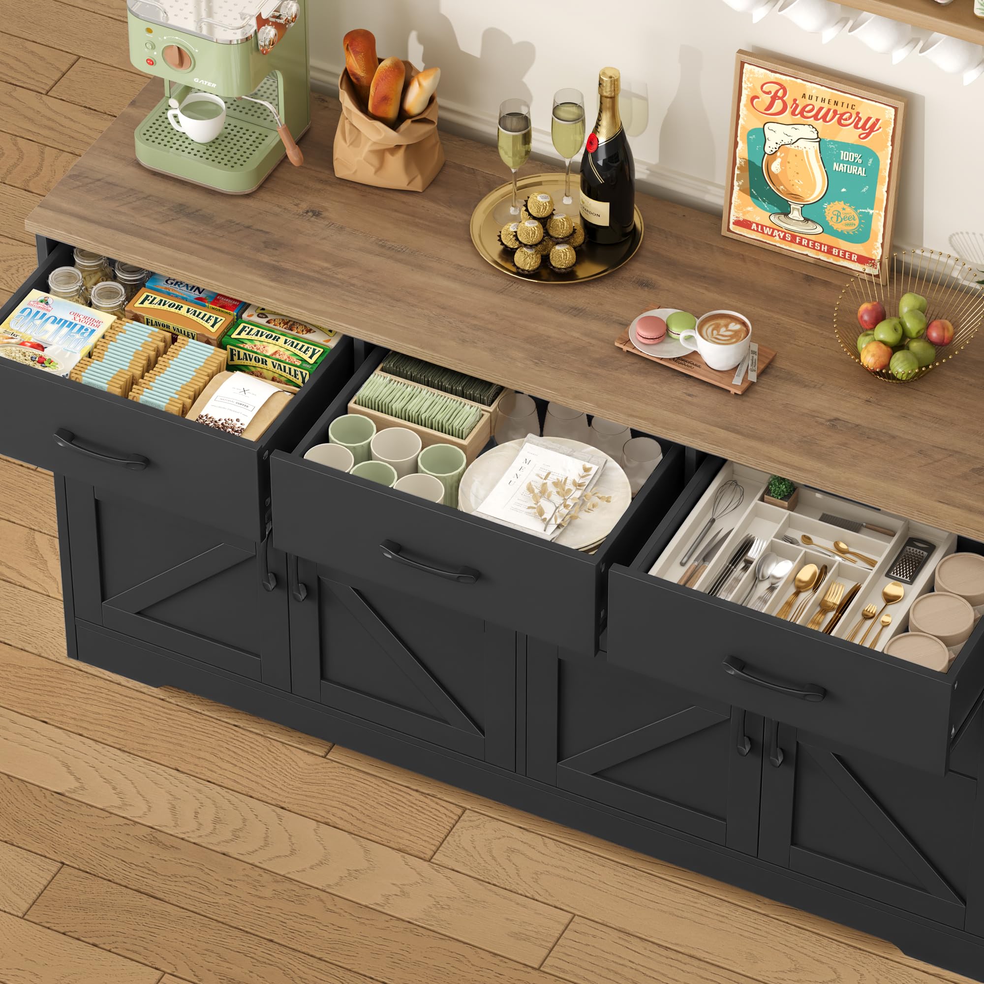 HOCSOK Credenza Cucina, 150 cm Madia Dispensa Cucina con 3 Cassetti 4 Ante, Mobile TV con Ripiani Regolabili per Soggiorno, sala da pranzo, Ingresso, Credenza Soggiorno, 150×81.5×38.5 cm, Nero