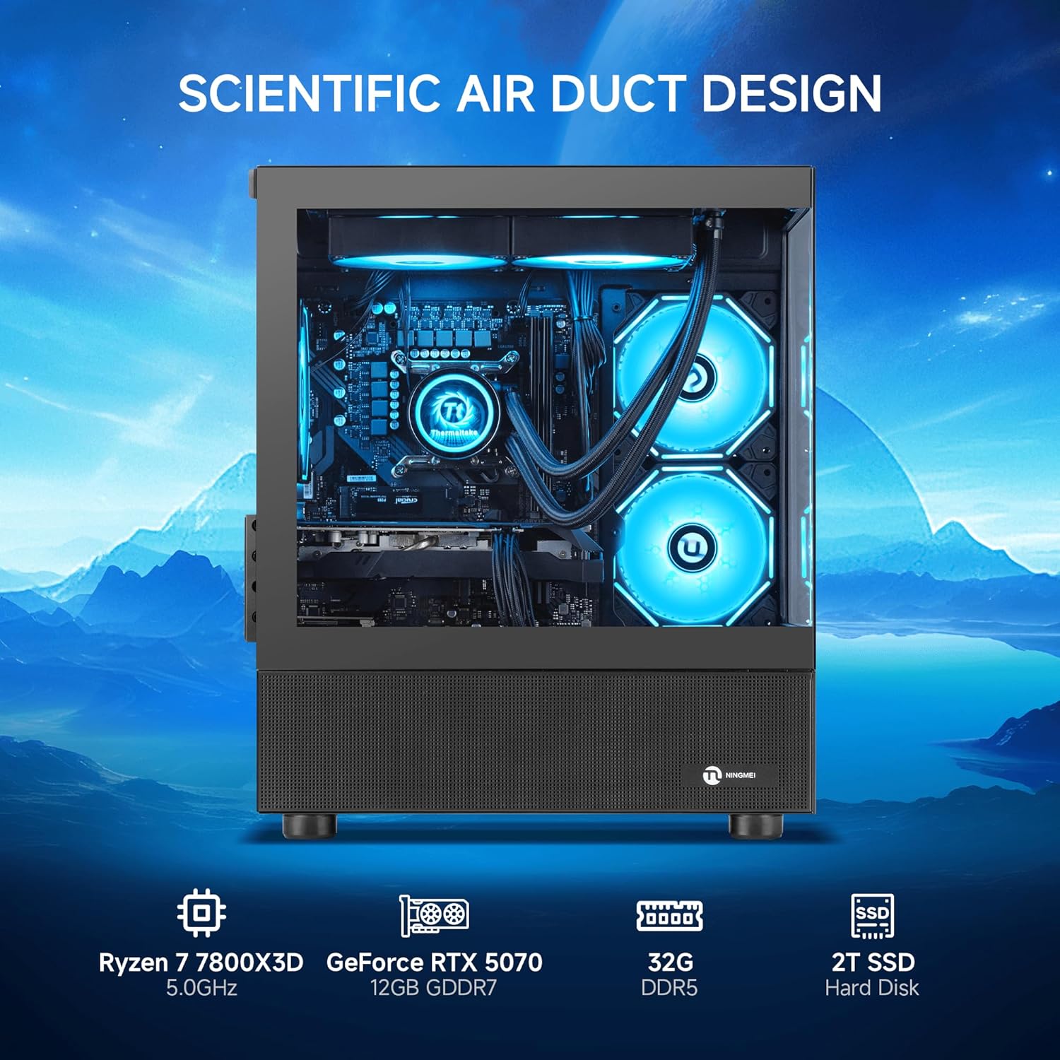 NINGMEI Gaming PC Desktop, AMD Ryzen 7 7800X3D 8 core 4.2GHz(up to 5.0GHz), GeForce RTX 5070 12GB, 32GB DDR5 RAM 6000MHz, 2TB NVME SSD, 750W PSU, Windows 11 Home 64-bit, Black