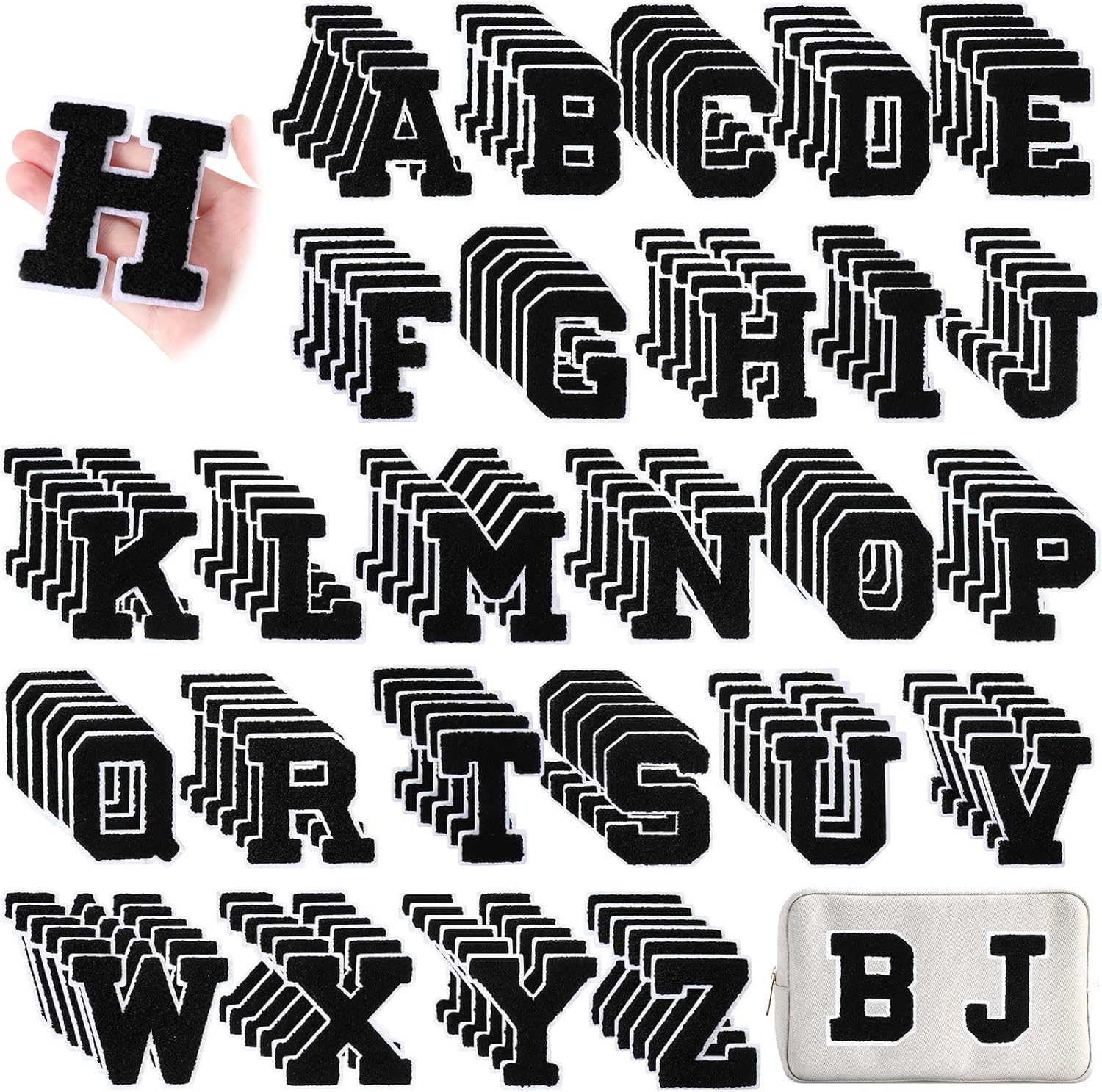 Jutom 156 Pieces Chenille Letter Patches Iron on Bulk Large 3.2 h x 2.4 w College Letters Patches Clothing Embroidered Trimmed Preppy Alphabet for Letterman Jackets Jeans (Black)