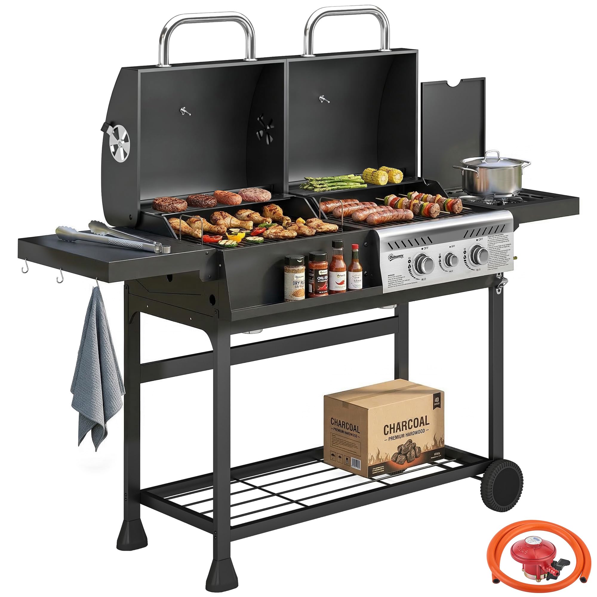 Outsunny Black Dual Fuel BBQ Grill - Charcoal and Gas Combo - Warming Rack - Wheels - for 8-16 People