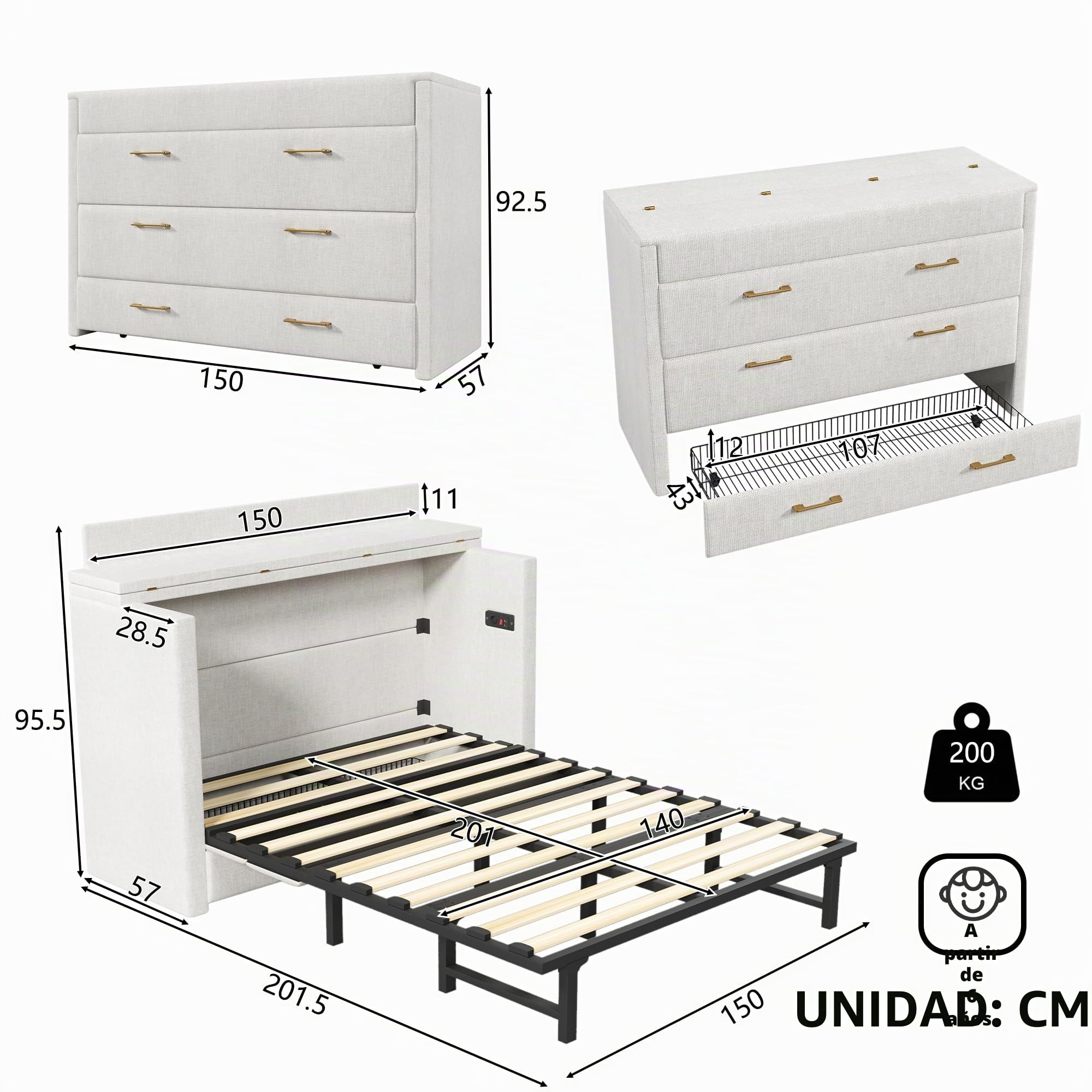 Armario cama de 140 x 200 cm, con un cajón, cama móvil con compartimento de almacenamiento junto a la cama, con conexiones USB y tipo C, cama con plataforma convertible, sin colchón, lino