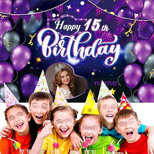 Miniatura 5 de Cartel decorativo personalizado de feliz cumpleaños número 15, personalización, morado, tamaños grandes, soporta fotos y nombres personalizados