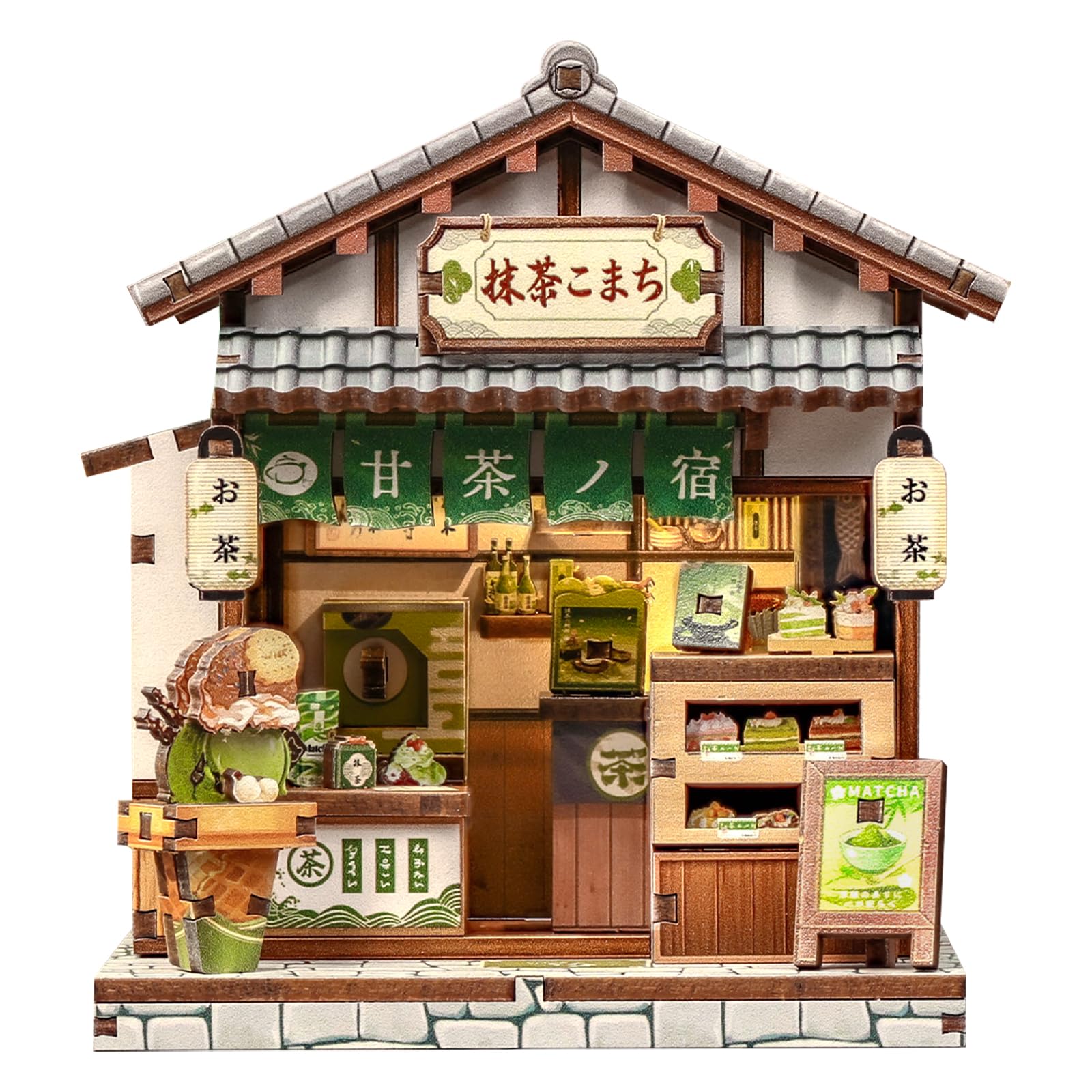 Mini Book Nook Kit for Beginners, Tea House 3D Wooden Puzzle, DIY Miniature Dollhouse Kit, Japanese Bookshelf Desktop Home Decor, Gift for Adults&Teens, 128 Pieces