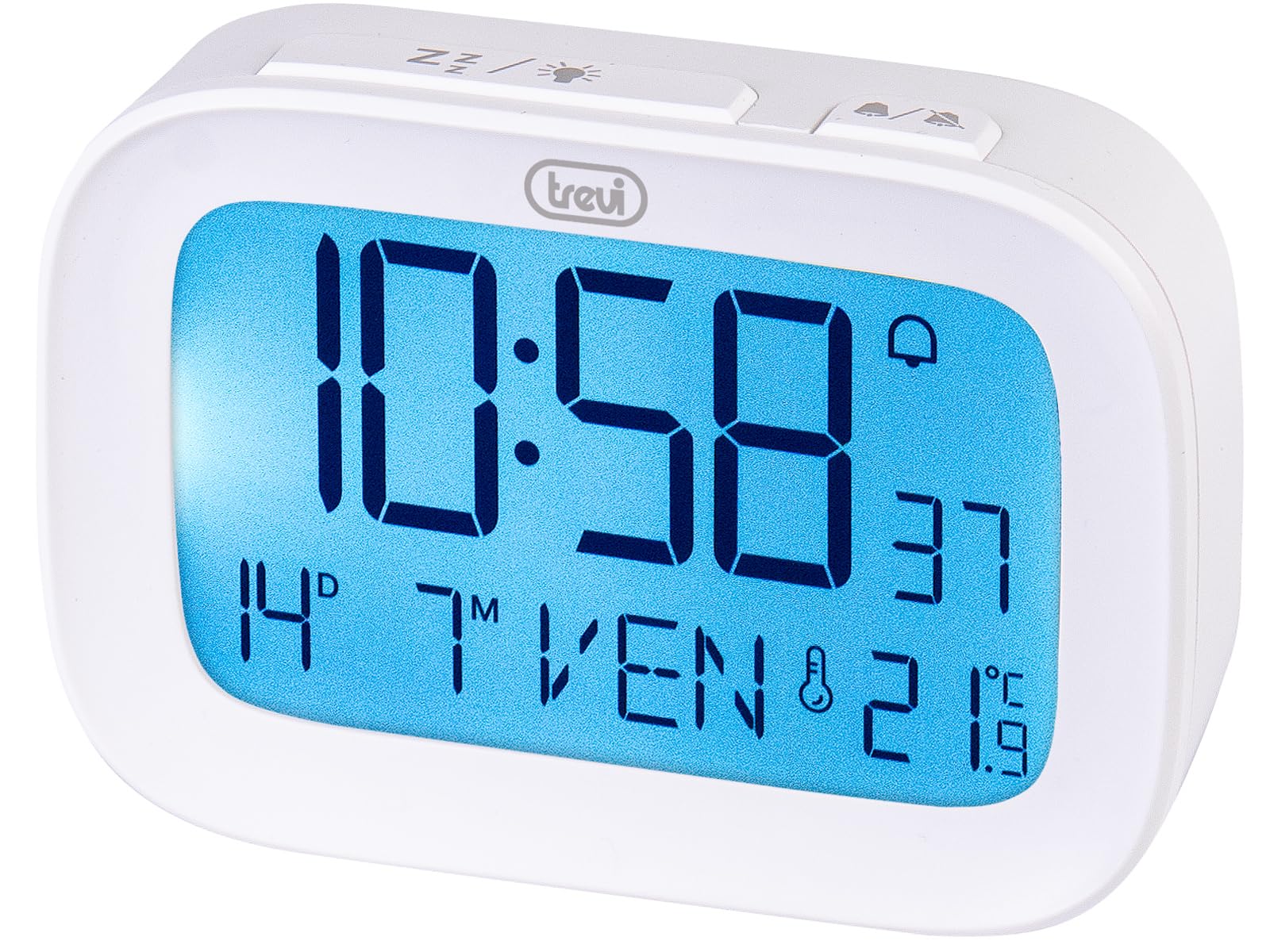 Trevi SLD 3850 Orologio Sveglia Digitale con Termometro Integrato, Grande Display LCD, Orologio e Calendario, Funzione Snooze, Bianco