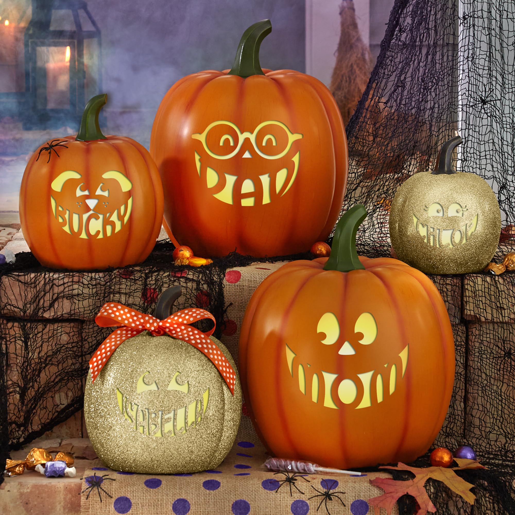 Let's Make Memories Personalized Jack o Lantern Pumpkin - Light Up Pumpkin Decor Outdoor - Halloween Pumpkin Decorations Outside or Inside - Custom Name - XL – Orange - Round Glasses