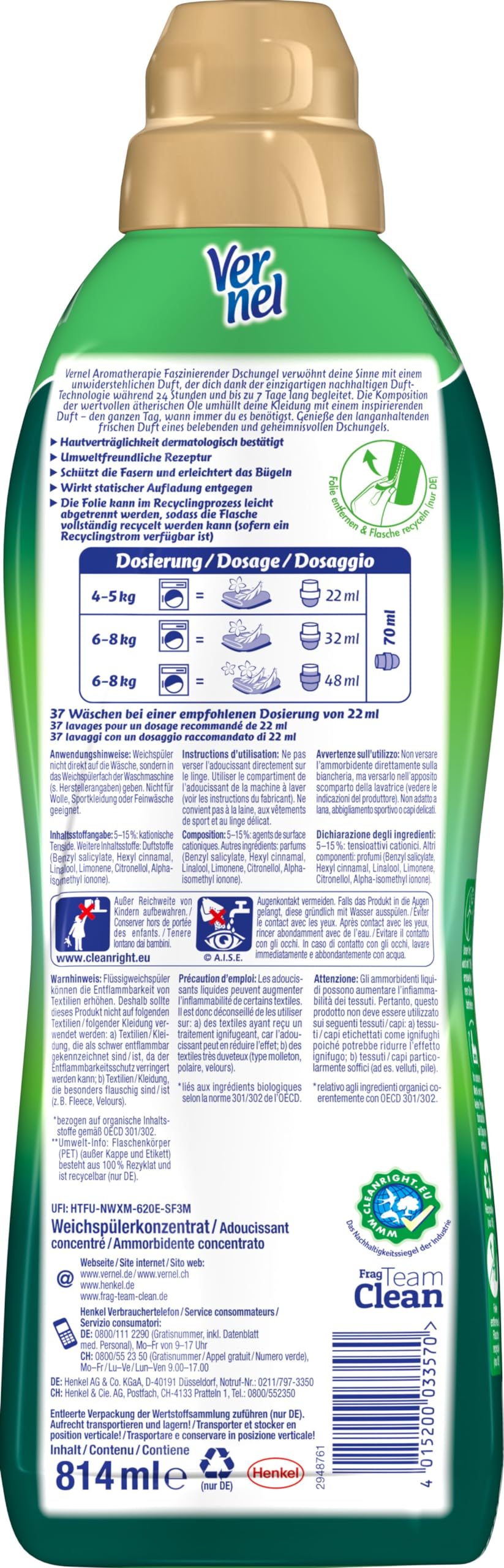 VERNEL Aromatherapie Faszinierender Dschungel Weichspüler 444WL (12x37 Waschladungen), langanhaltender Wäscheduft mit ätherischen Ölen für 24/7 Frische, recycelbare Flasche