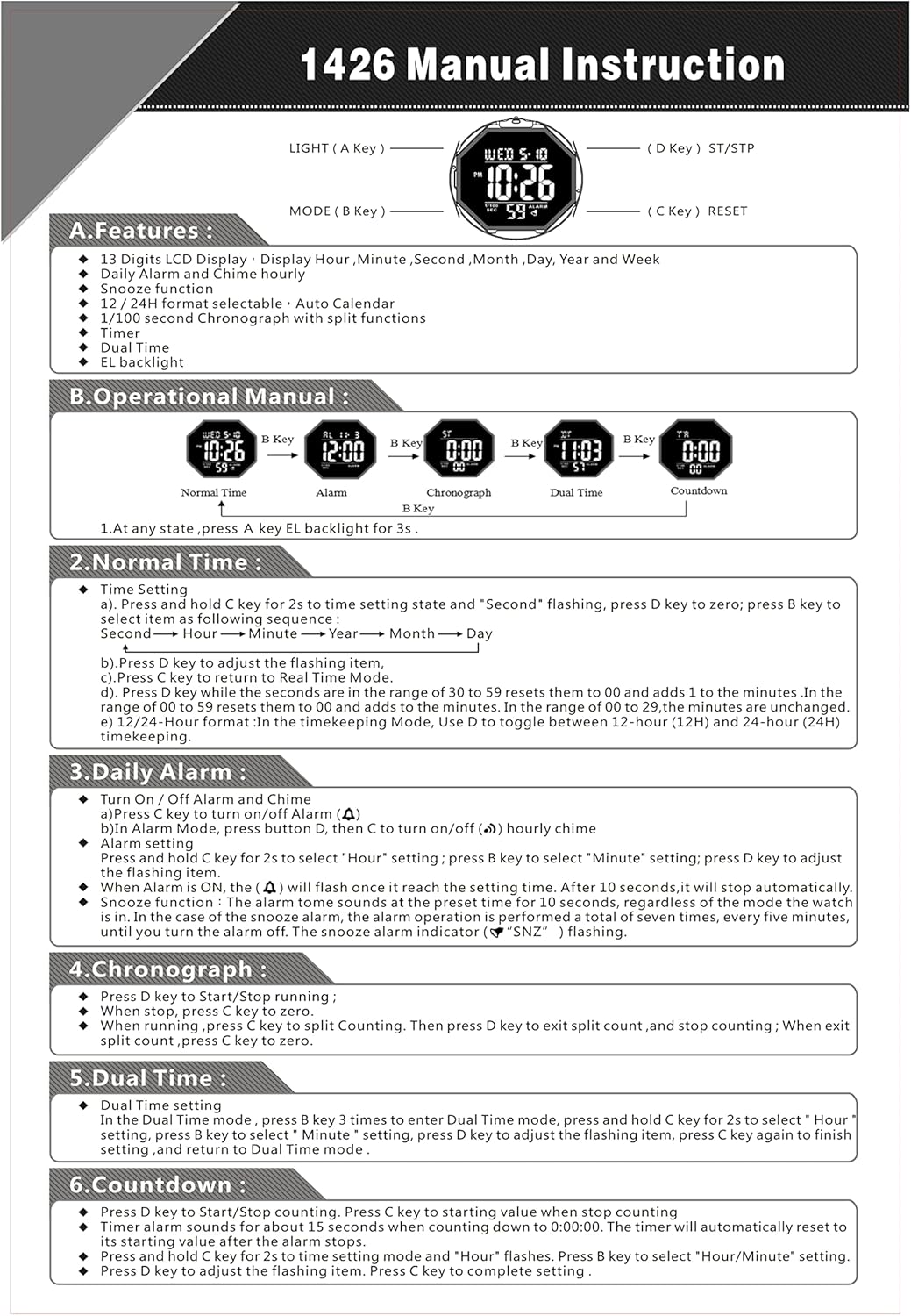 Digital Watch Sports Waterproof Military Back Light Small Watch for Men Black 1426 - Image 7