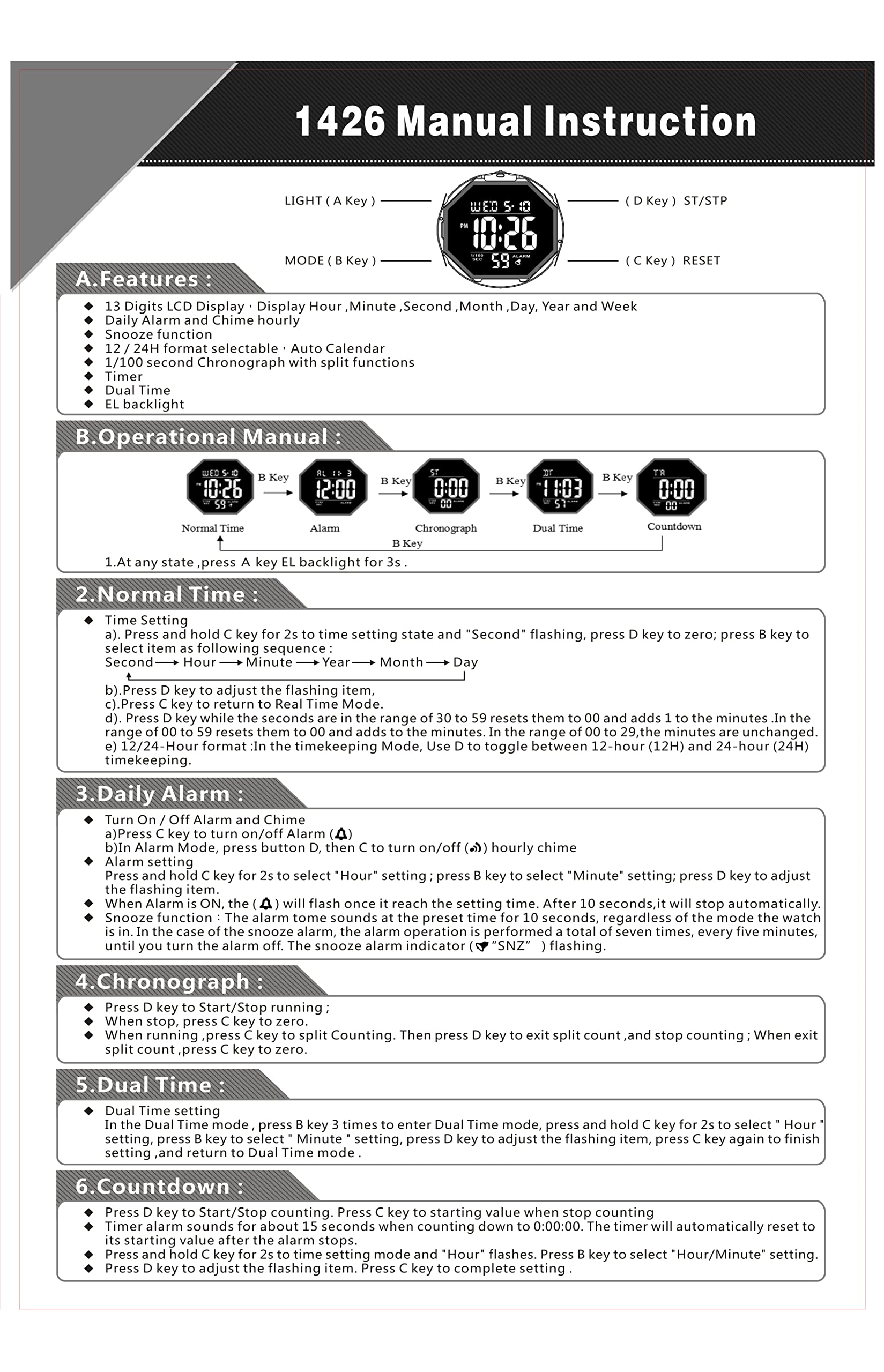 Digital Watch Sports Waterproof Military Back Light Small Watch for Men Black 1426