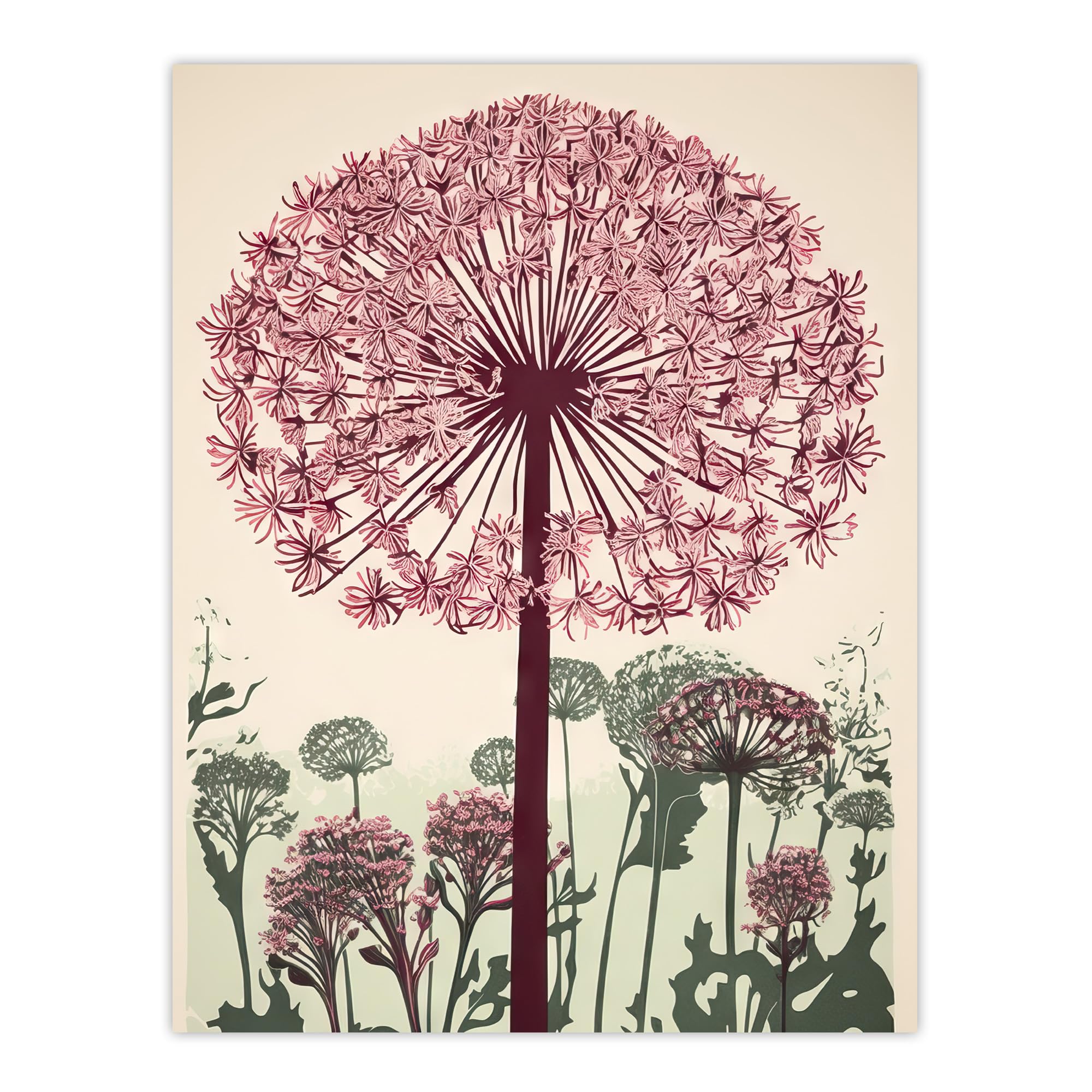 Artery8 Allium Flower Blooms Linocut Painting Pink Green Wildflower Spring Field Nature Colourful Bright Floral Modern Artwork Extra Large XL Wall Art Poster Print