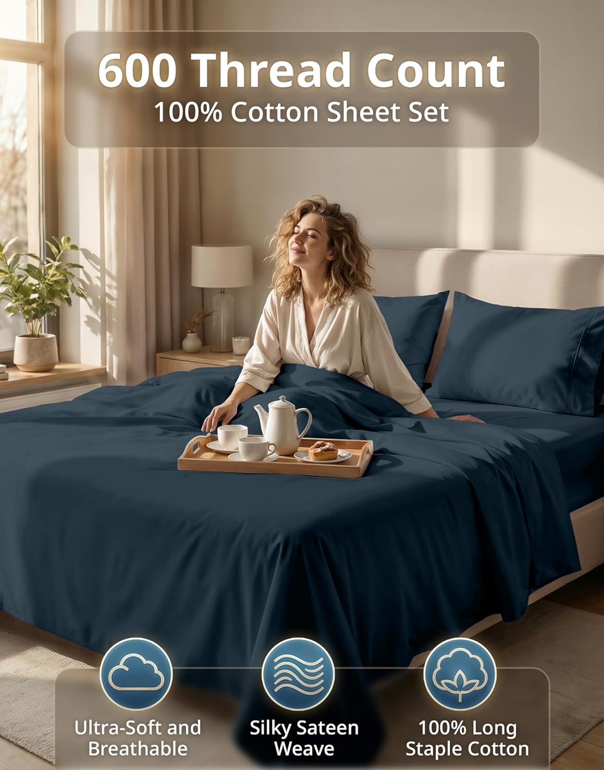 LANE LINEN 100% Cotton Sheets Queen Size – 600 Thread Count Naturally Cooling Queen Bed Set, Durable Bedding for Daily Use, Luxury Sateen Finish, Snug Fit 15" Deep Pocket Fitted Sheet – Estate Blue