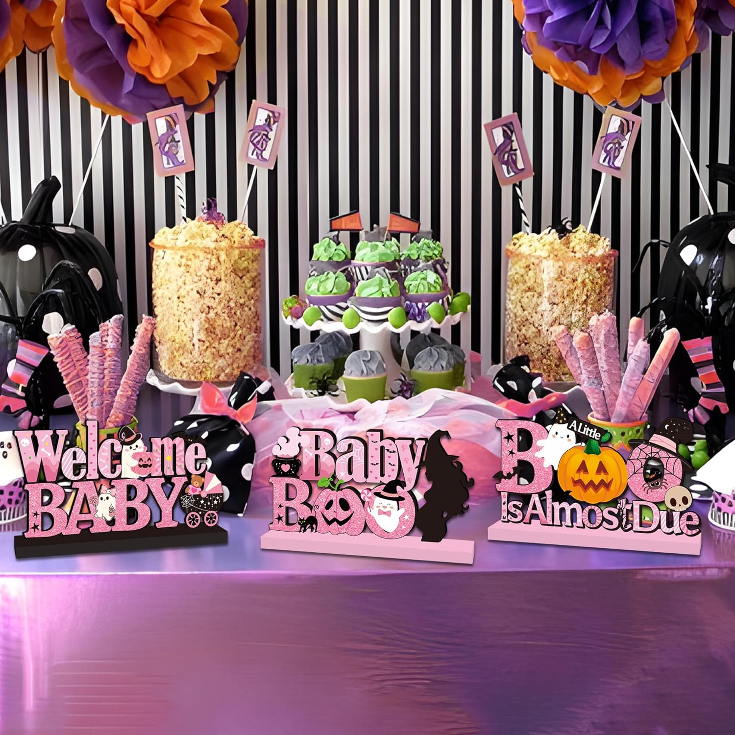 4Pcs Halloween Baby Shower Decorations, Pink Halloween A Little Boo is Almost Due Baby Shower Centerpieces Decorations for Gender Reveal Party, Pregnancy Party