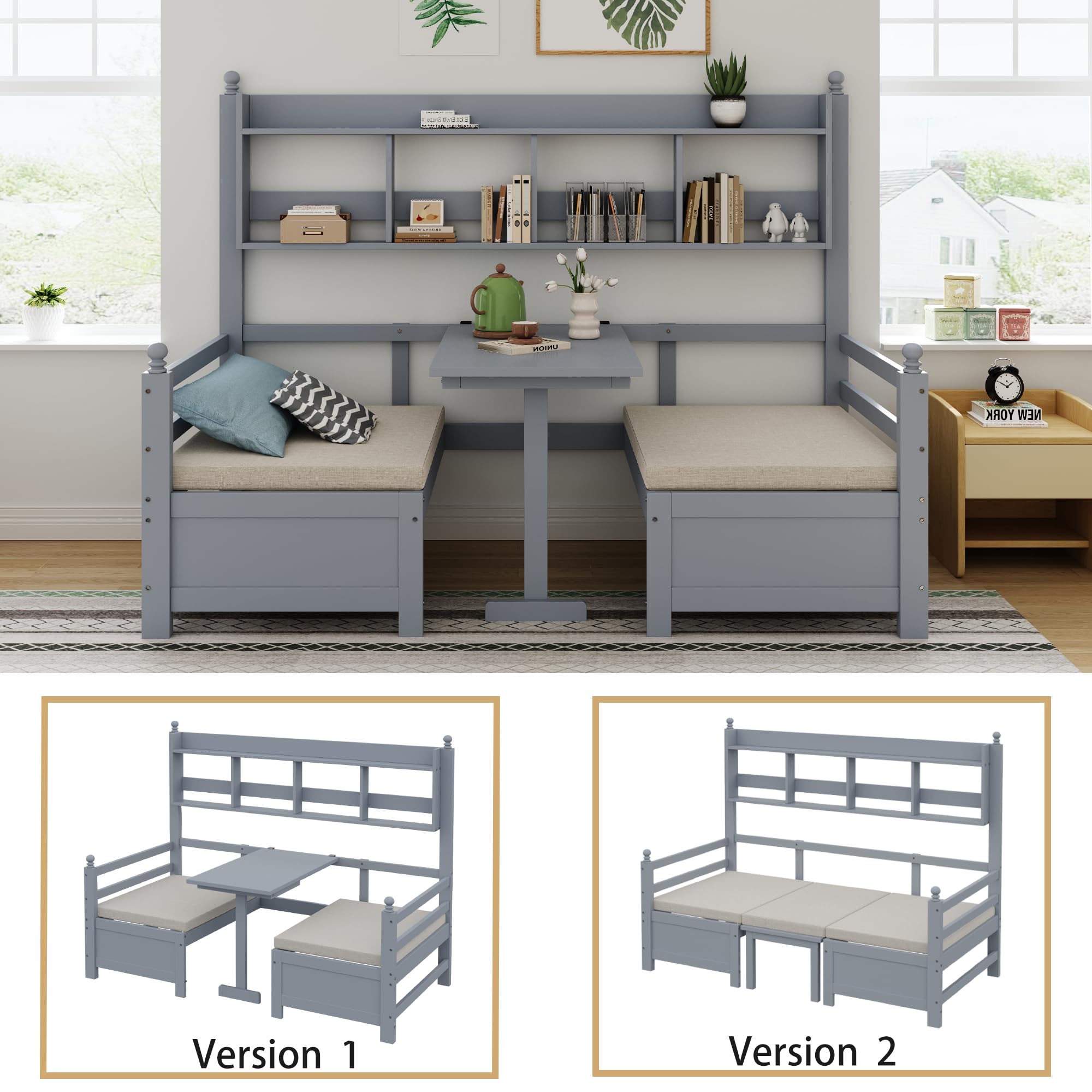 Multifunktionales Massivholz Schlafsofa 90x200, 2-in-1 Bett und Schreibtisch, Frei Umbaubar, Mit Bücherregal Zur Aufbewahrung, Mit Bequemen Kissen, Gästebett (Grau)